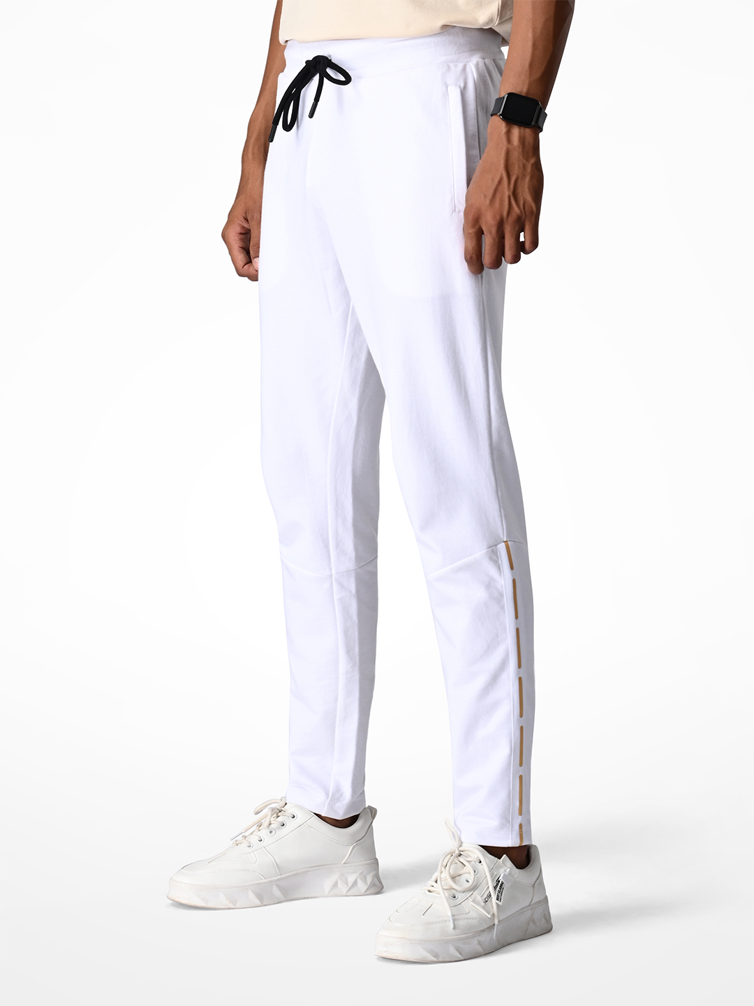 Mens White Printed With Gold Tape Polycotton Regular Fit Joggers