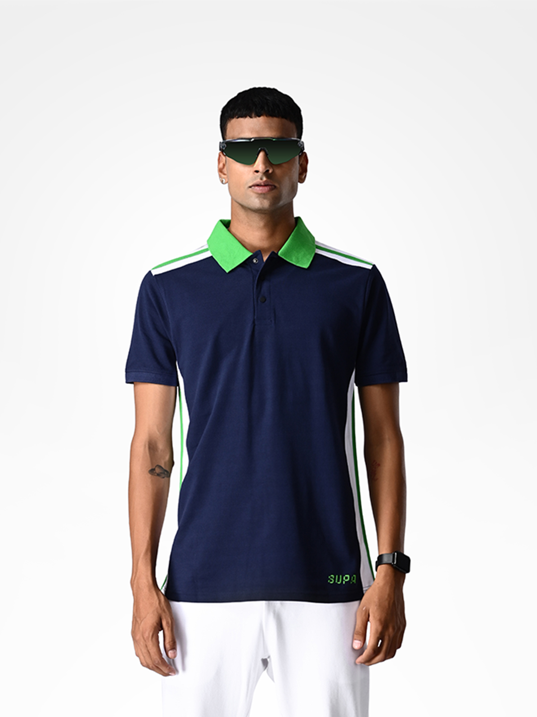 Navy Blue Sporty Panelled Polo T-shirt