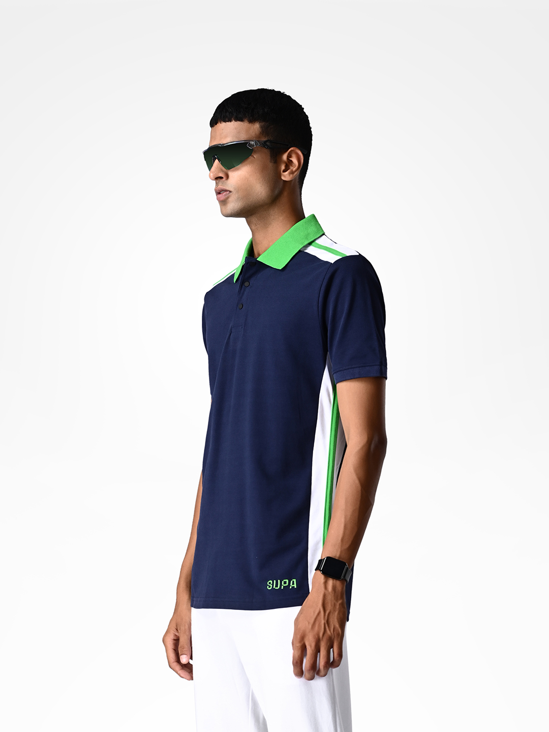 Supa Navy Blue Sporty Panelled Polo T-shirt (2)