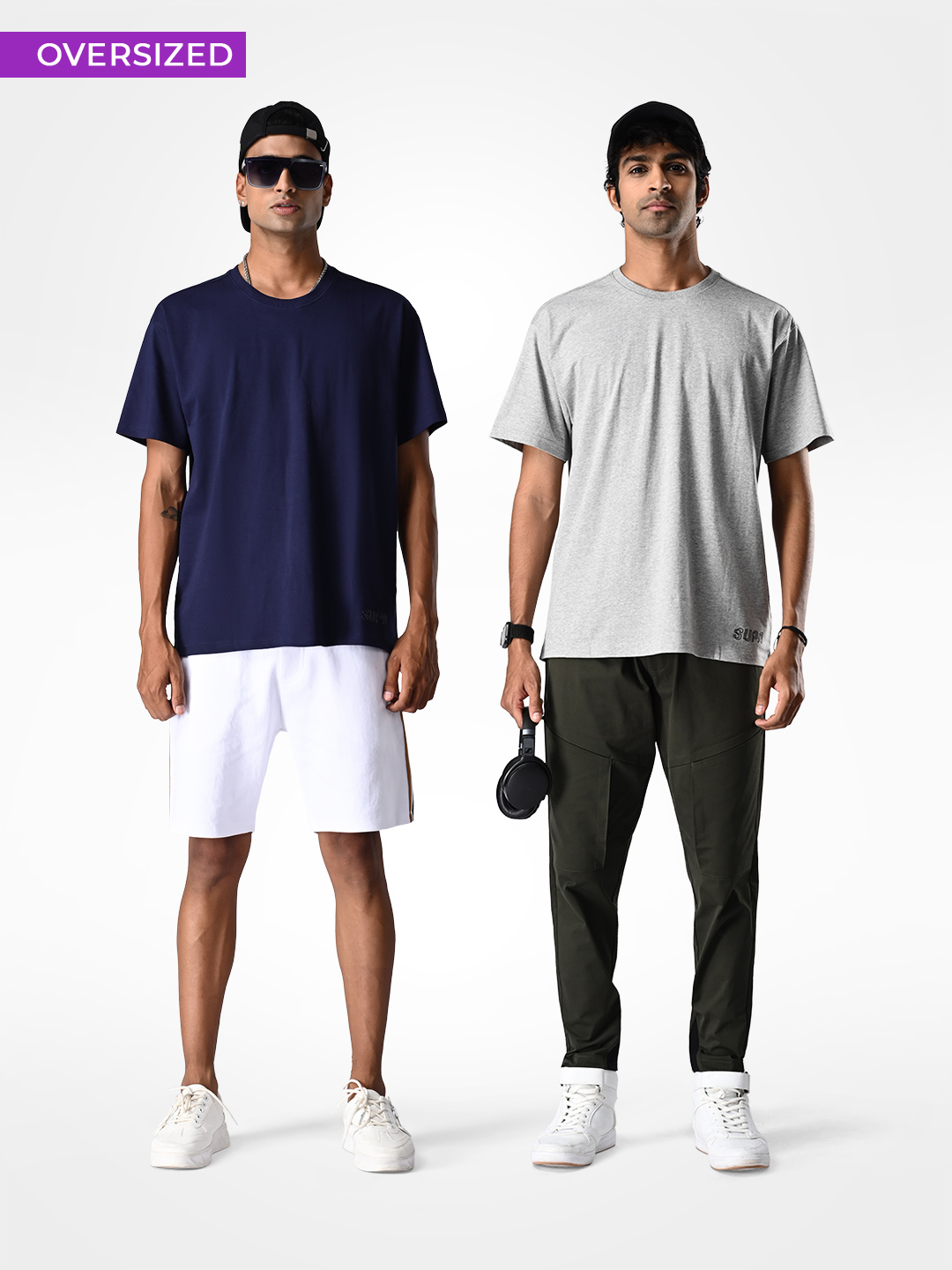 Oversized Pack of 2 Navy Blue & Grey Melange T-shirt