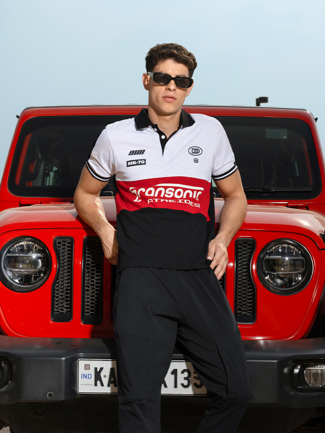 Racing White Panlled Printed Polo