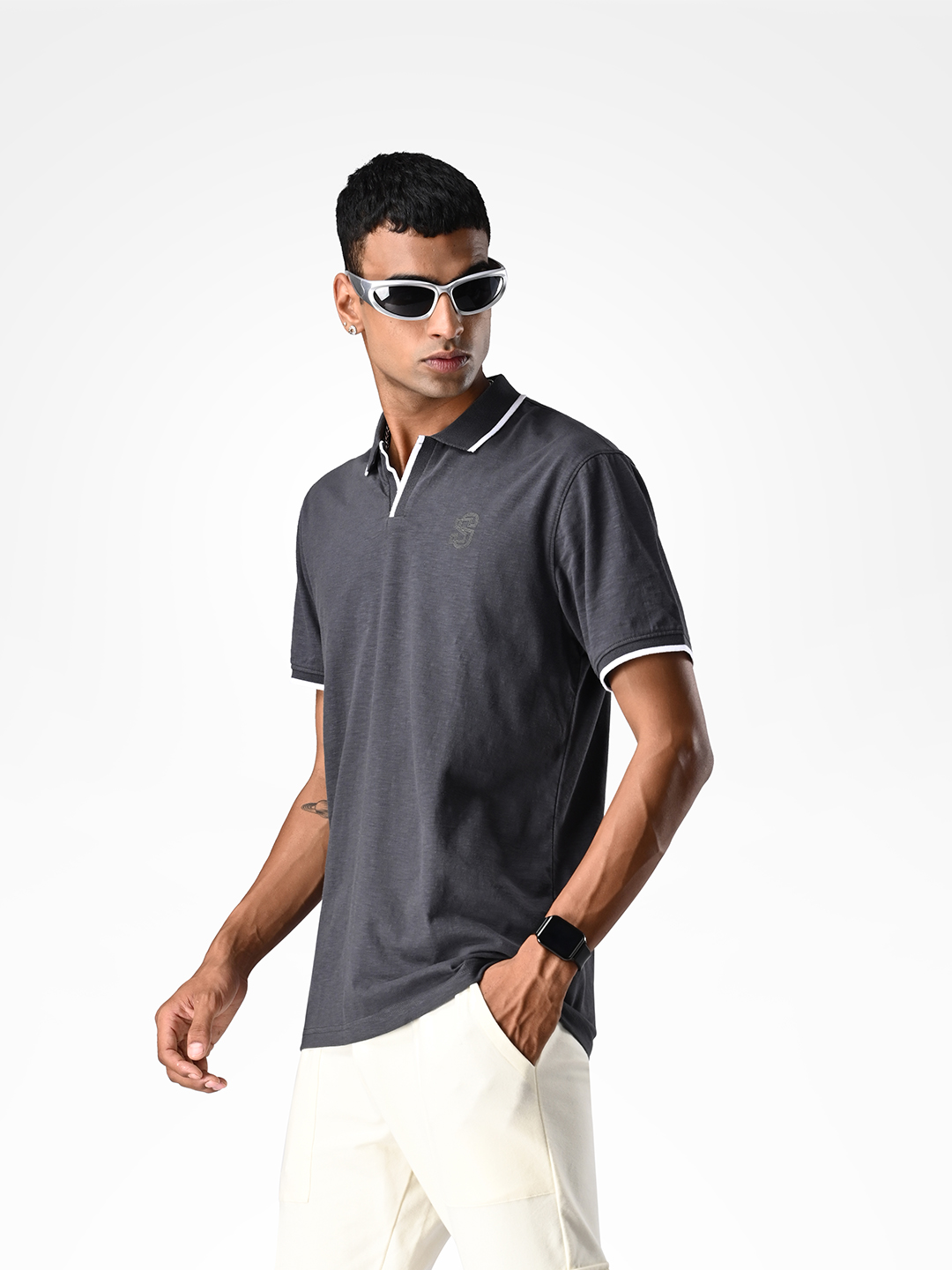 Supa SUPA Soft Charcoal Grey Cuban Polo T-shirt (2)