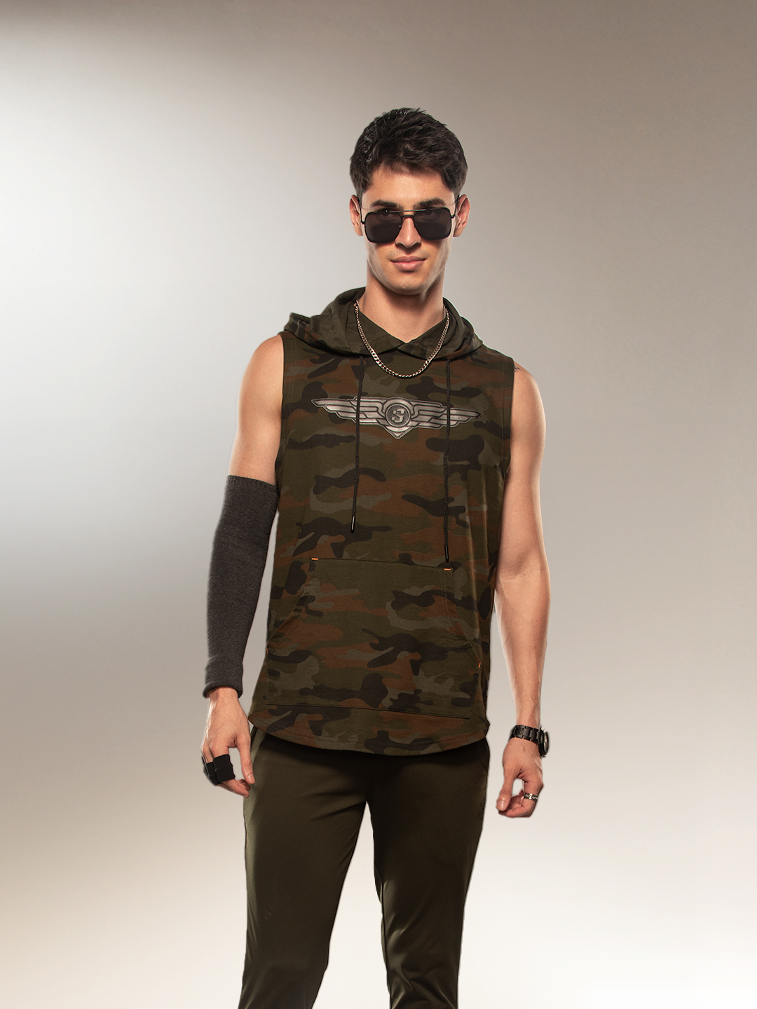 Aviation Looper Green Camo Sleeveless Hoodie