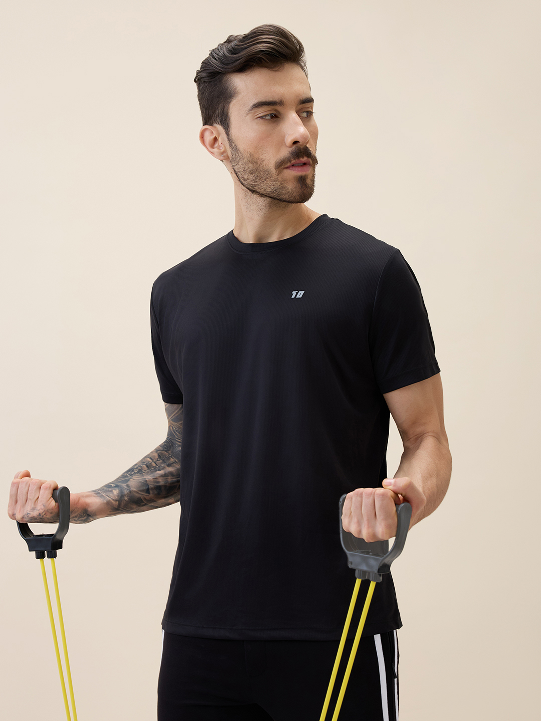 T10 AeroLite Black Active T-Shirt for Men with Breathable Jacquard Microlite Fabric