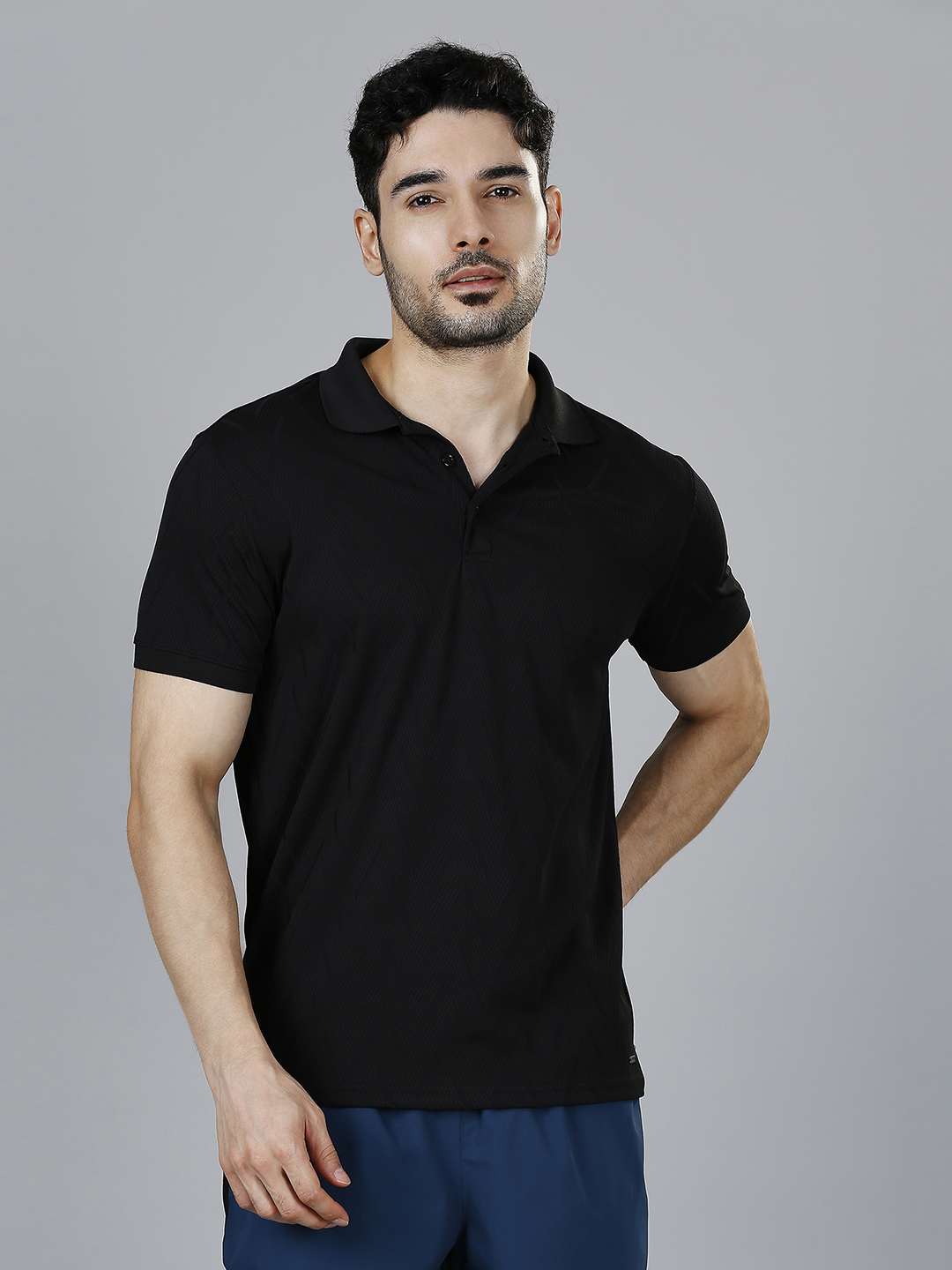 Men Black Solid Half Sleeves Polo Collar Polyester T-Shirt, Herringbone Pattern, Premium Jacquard Fabric, Ribbed Collar,