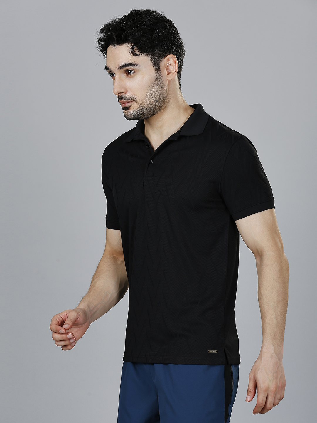T10 Men Black Solid Half Sleeves Polo Collar Polyester T-Shirt, Herringbone Pattern, Premium Jacquard Fabric, Ribbed Col (2)