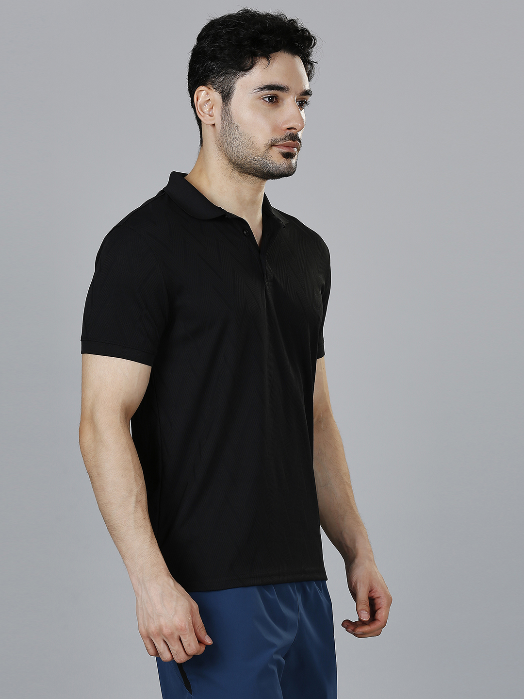 T10 Men Black Solid Half Sleeves Polo Collar Polyester T-Shirt, Herringbone Pattern, Premium Jacquard Fabric, Ribbed Col (3)