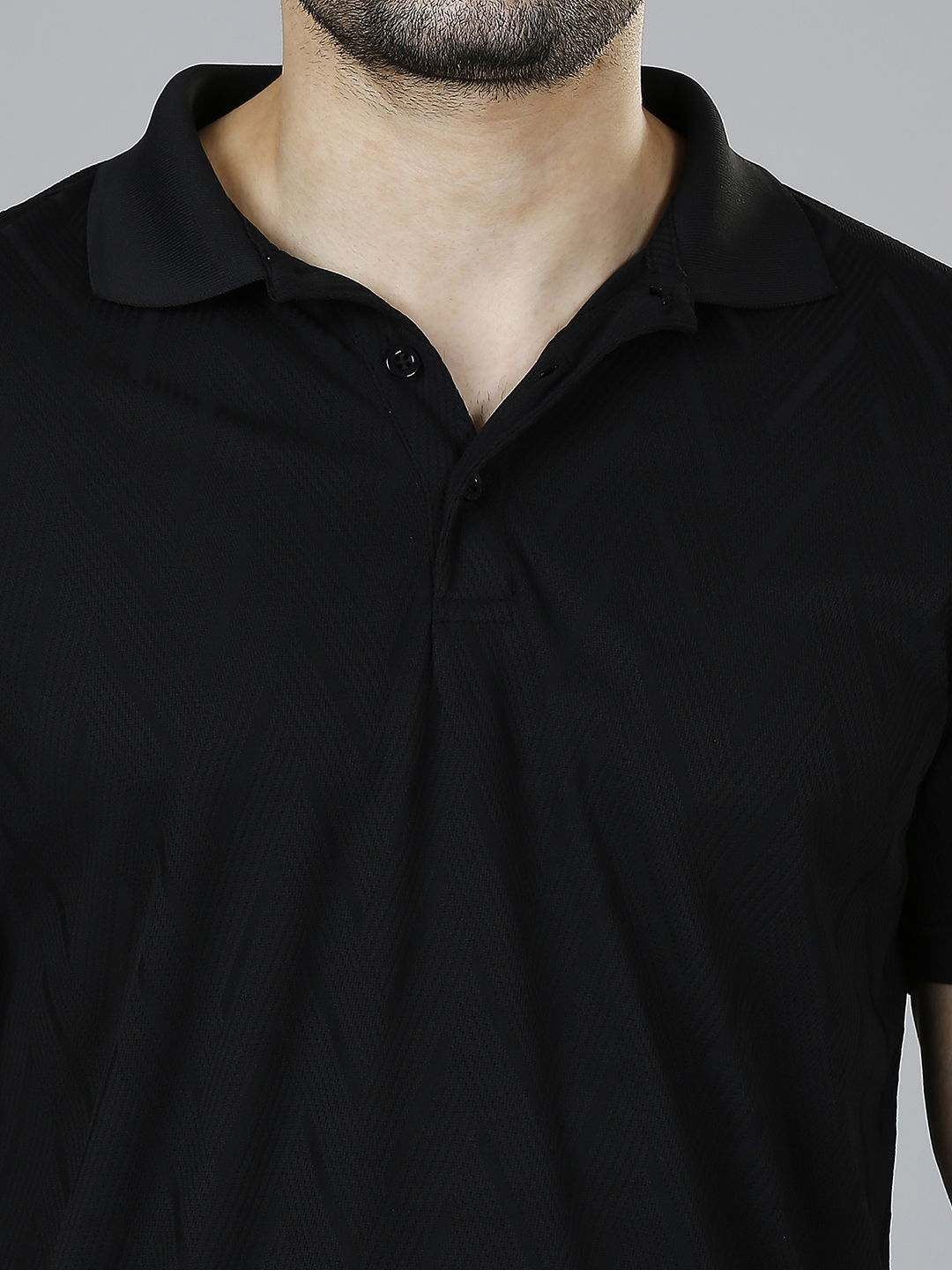 T10 Men Black Solid Half Sleeves Polo Collar Polyester T-Shirt, Herringbone Pattern, Premium Jacquard Fabric, Ribbed Col (5)