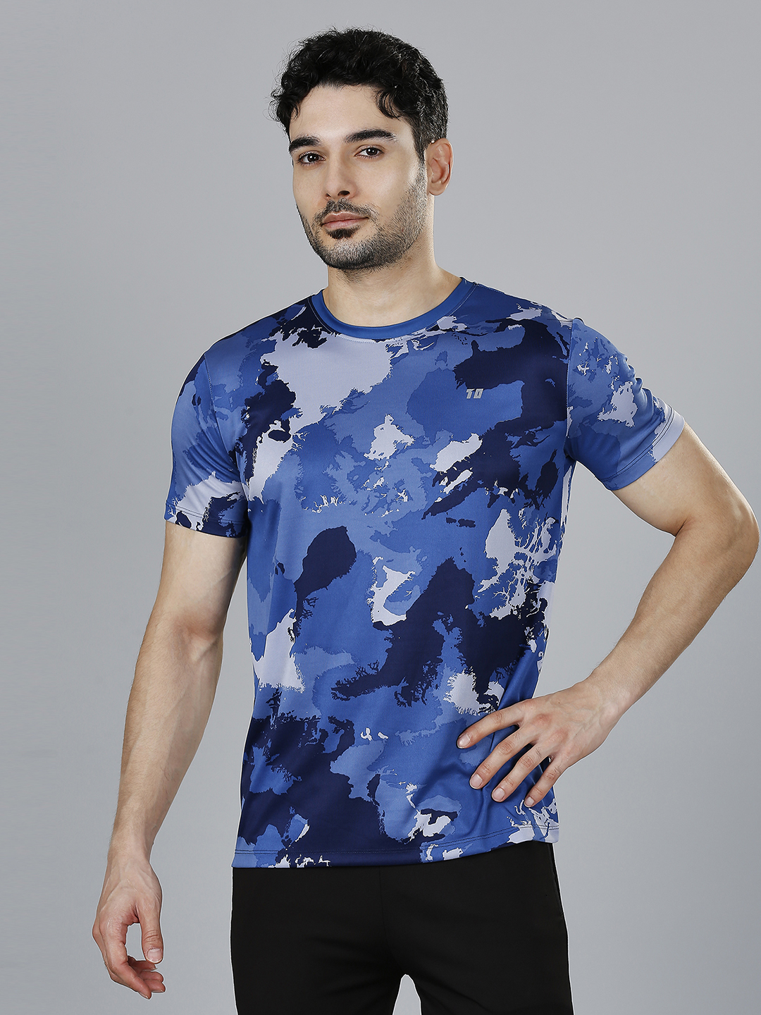 Men Blue Camo Printed Half Sleeves Round Neck Polyester T-Shirt for Comfort and Performance Wear, Lightweight and Breath