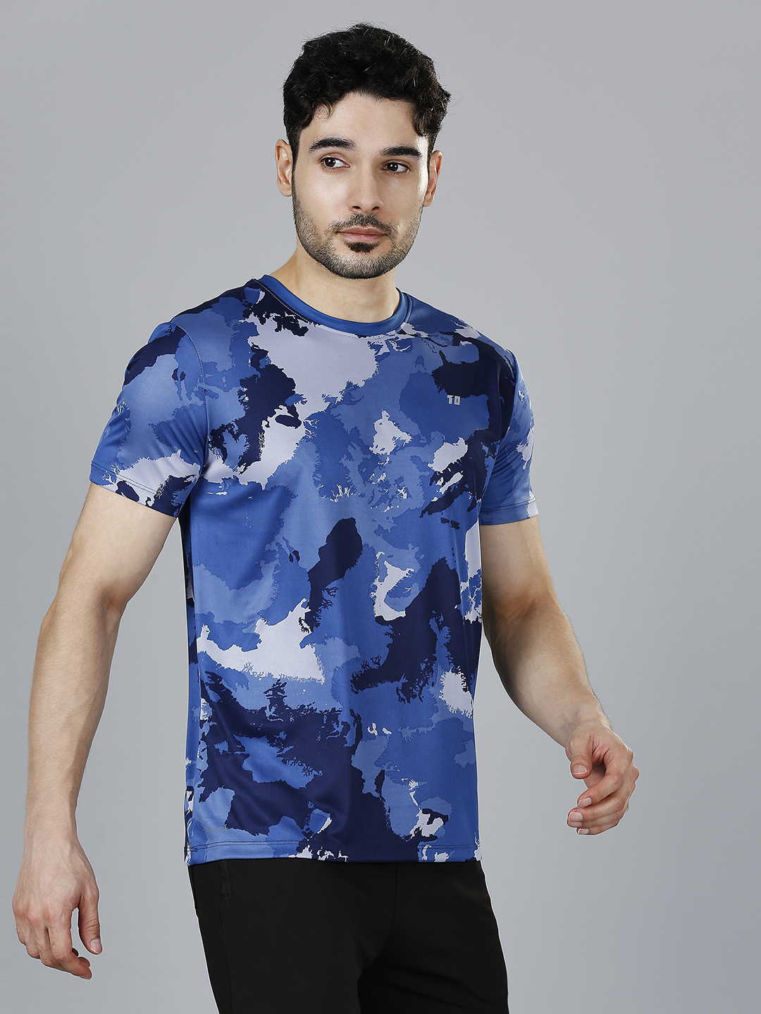 T10 Men Blue Camo Printed Half Sleeves Round Neck Polyester T-Shirt for Comfort and Performance Wear, Lightweight and Br (3)