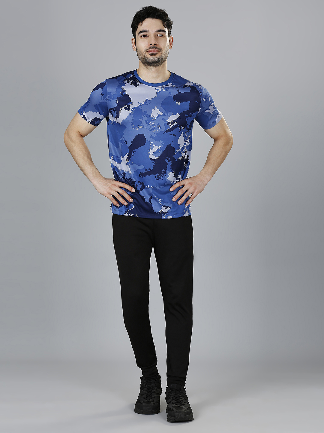 T10 Men Blue Camo Printed Half Sleeves Round Neck Polyester T-Shirt for Comfort and Performance Wear, Lightweight and Br (6)