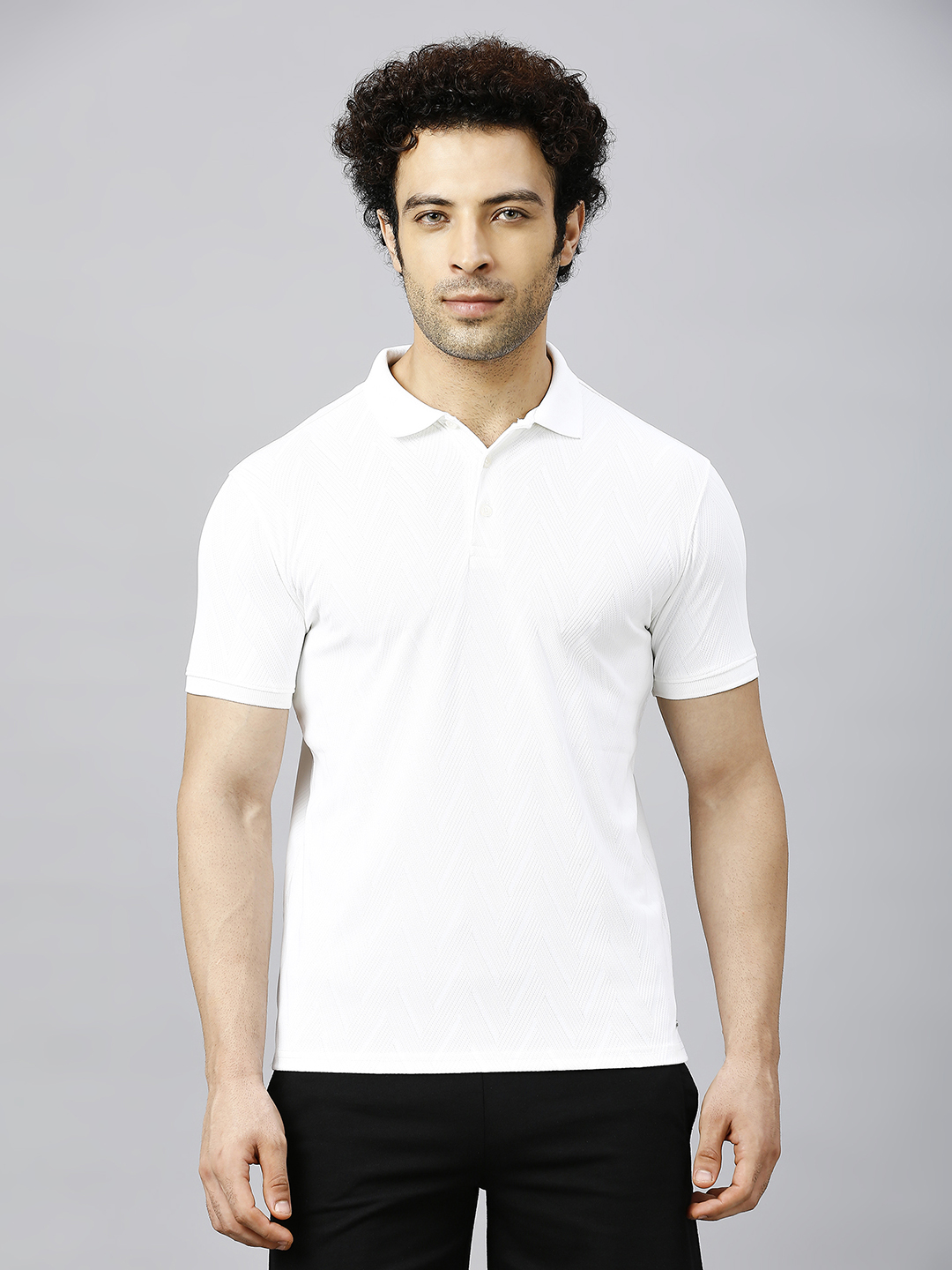 Men Cream Solid Half Sleeves Polo Collar T-Shirt, Herringbone Pattern, Premium Jacquard Fabric, Ribbed Collar, Button Pl