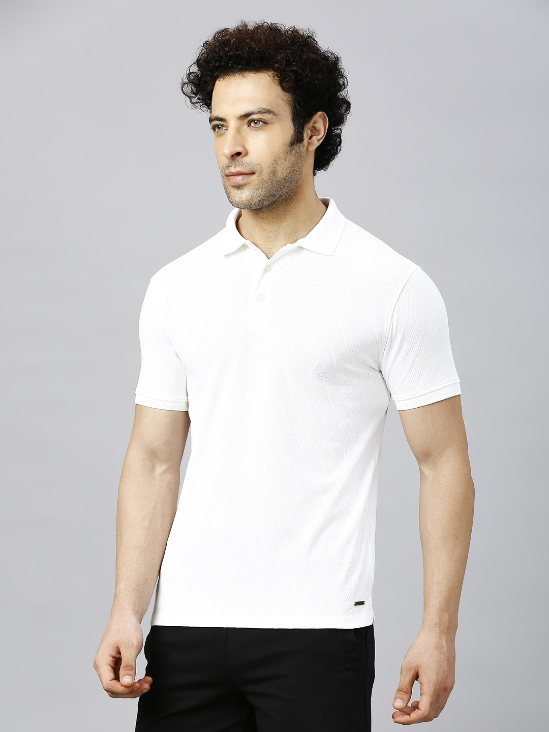 T10 Men Cream Solid Half Sleeves Polo Collar T-Shirt, Herringbone Pattern, Premium Jacquard Fabric, Ribbed Collar, Butto (2)