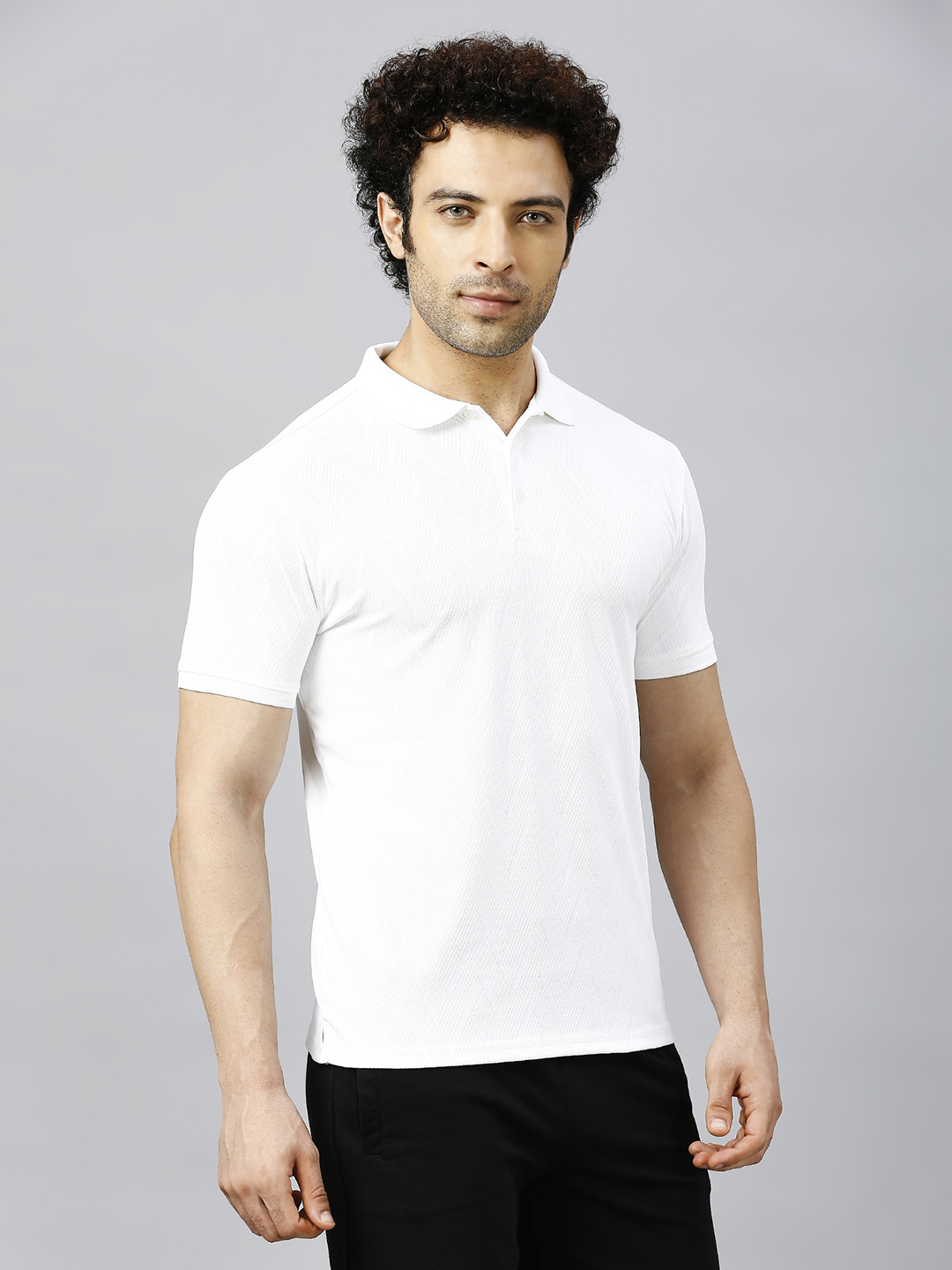 T10 Men Cream Solid Half Sleeves Polo Collar T-Shirt, Herringbone Pattern, Premium Jacquard Fabric, Ribbed Collar, Butto (3)