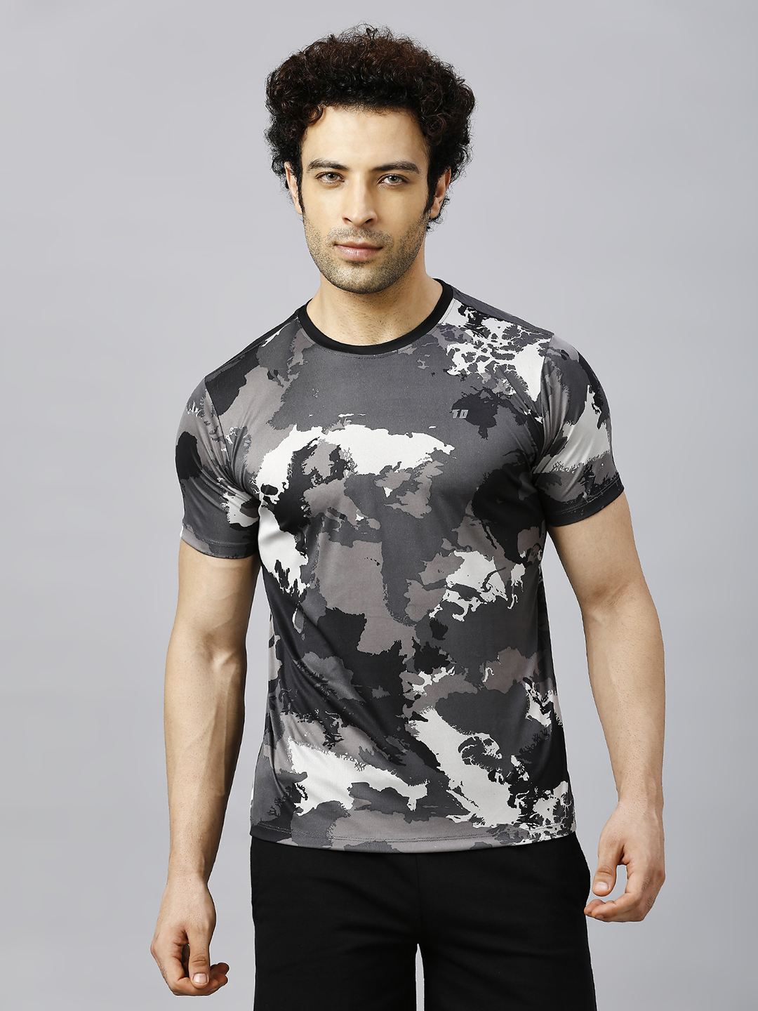 Men Grey Camo Printed Half Sleeves Round Neck Polyester T-Shirt for Comfort and Performance Wear, Lightweight and Breath