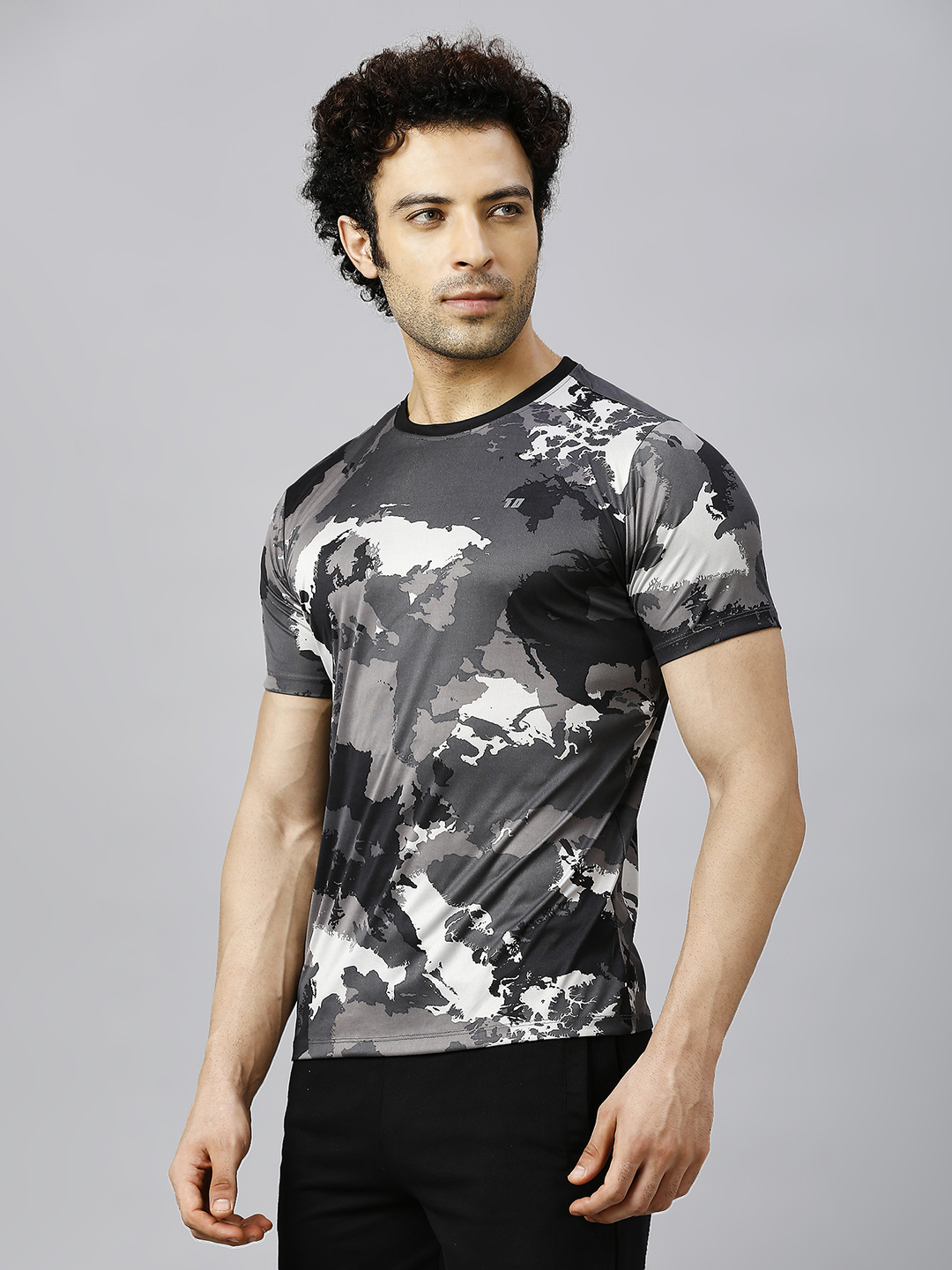 T10 Men Grey Camo Printed Half Sleeves Round Neck Polyester T-Shirt for Comfort and Performance Wear, Lightweight and Br (2)