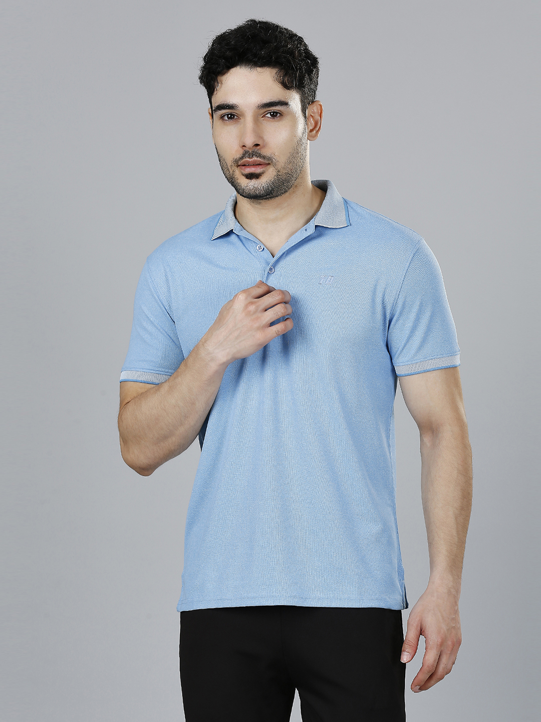 Men Ice-Blue Solid Half Sleeves Leisure Polo Collar T-Shirt, Premium Jacquard Fabric, Soft Touch
