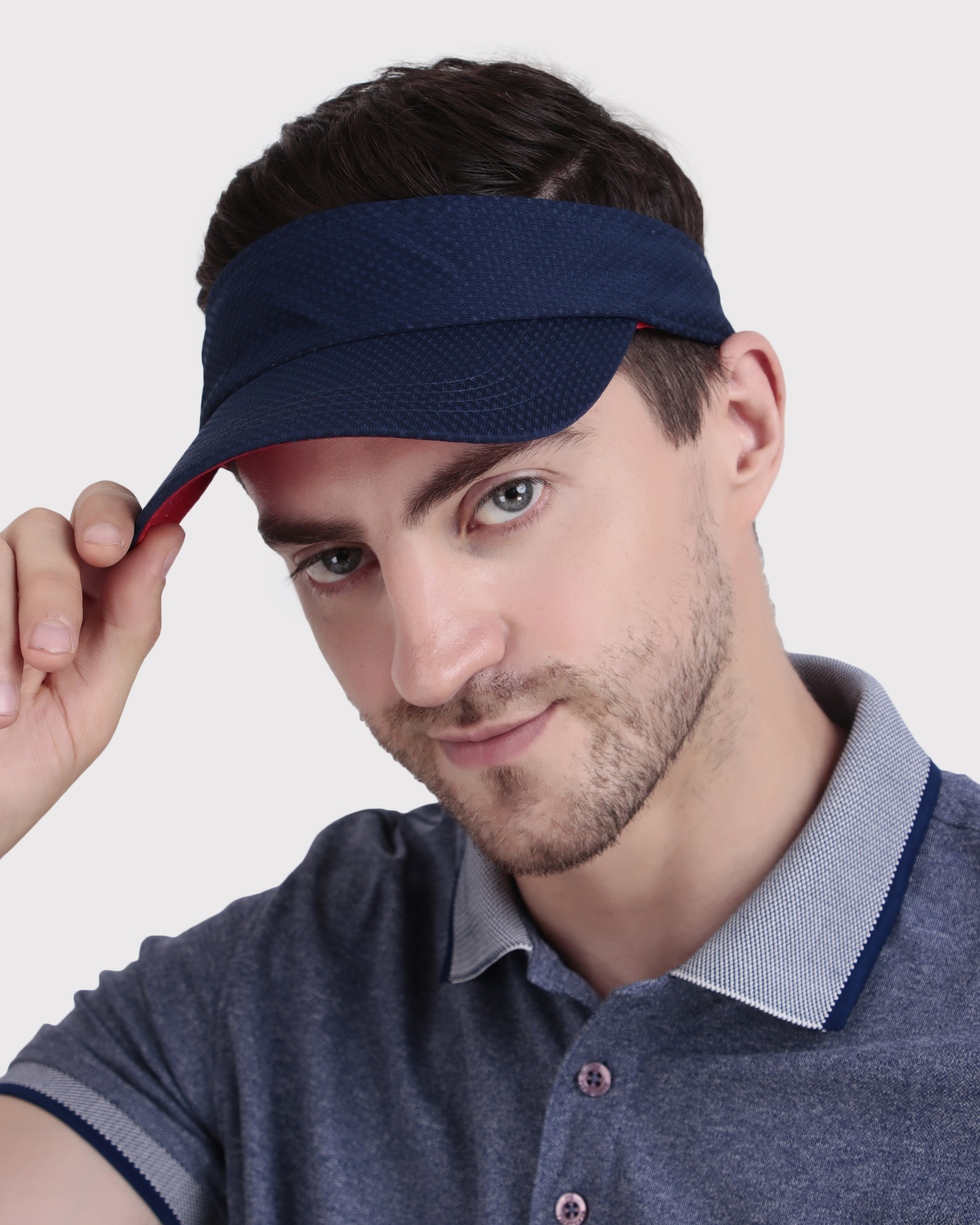 Unisex Navy & Red Polyester Sports Sun Visor Cap for UV Protection