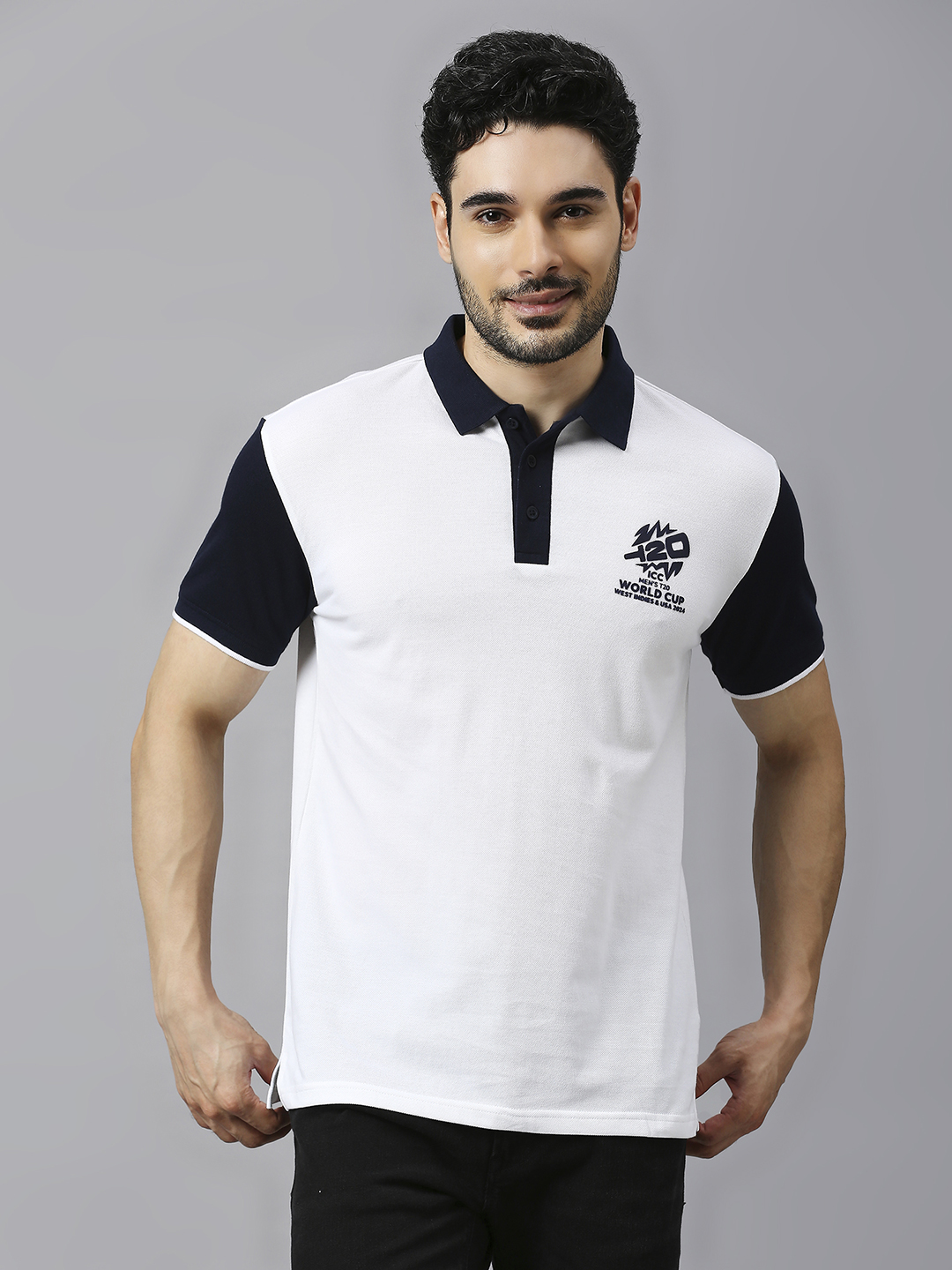 Buy ICC Men's T20 WC-24 White and Navy Blue Colourblocked Half Sleeves ...