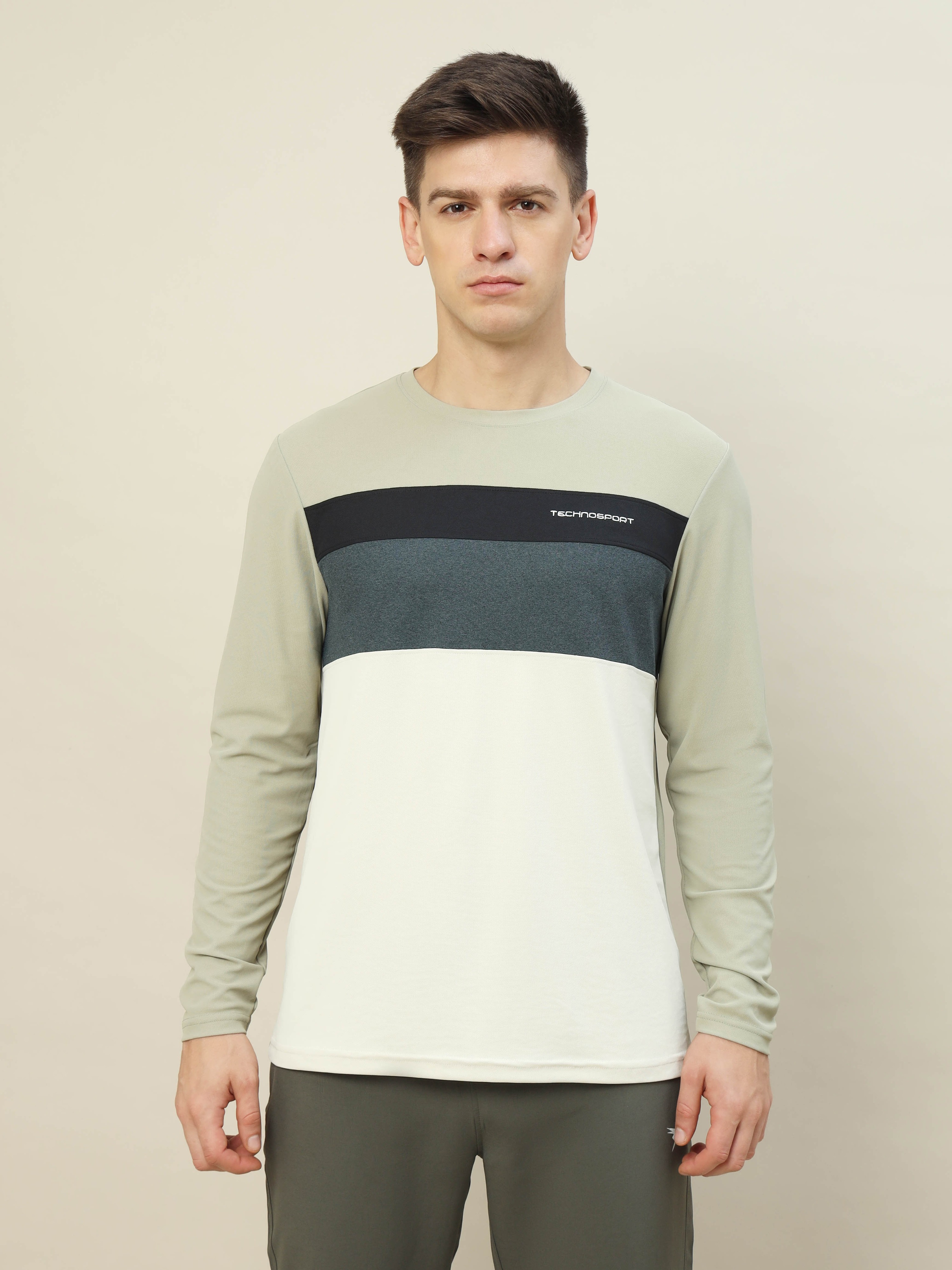 Technosport Men Beige Colourblocked Round Neck Full Sleeves Slim Fit Polyester T-Shirt (1)