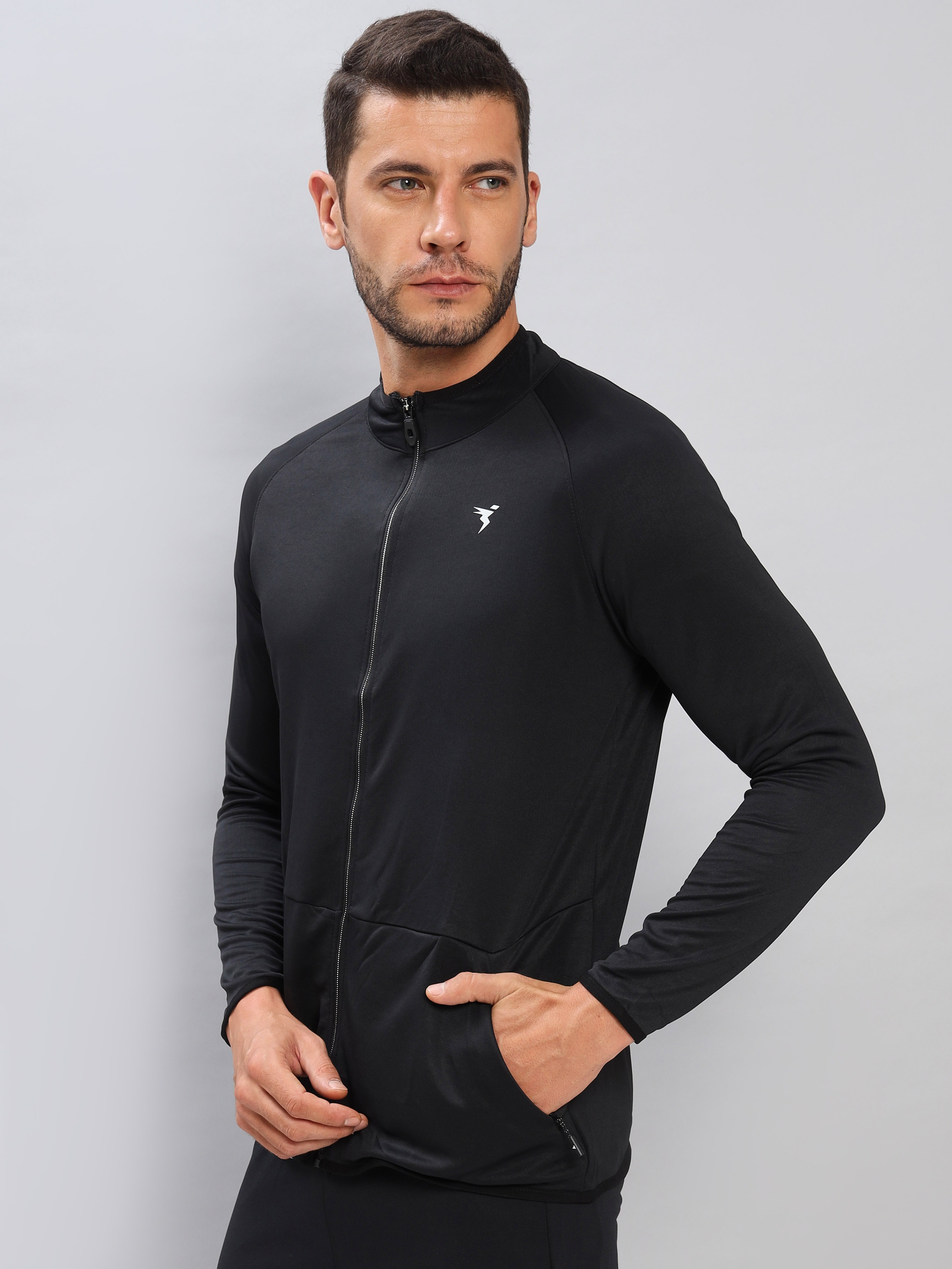 Technosport Men Black Knitted active odour-free Men Solid Hi-Neck Full Open Zip Jacket (2)