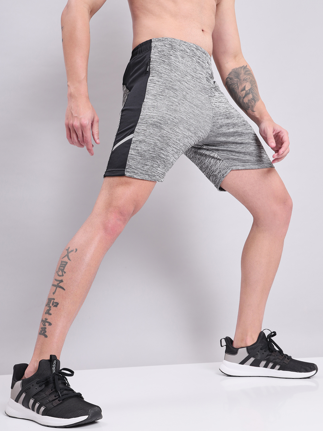 Technosport Men Black Melange Self Designed Mid Rise Antimicrobial Slim Fit Sports Shorts  (4)