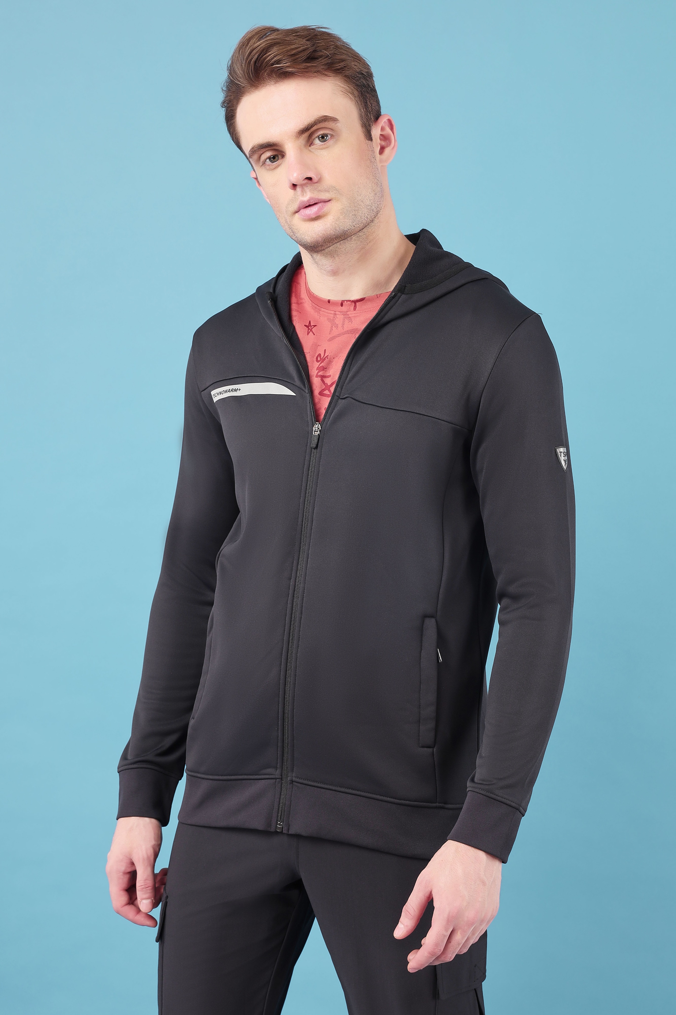 Technosport Men Black Solid Hi-Neck Long Sleeves Slim-Fit Hooded Jacket (1)