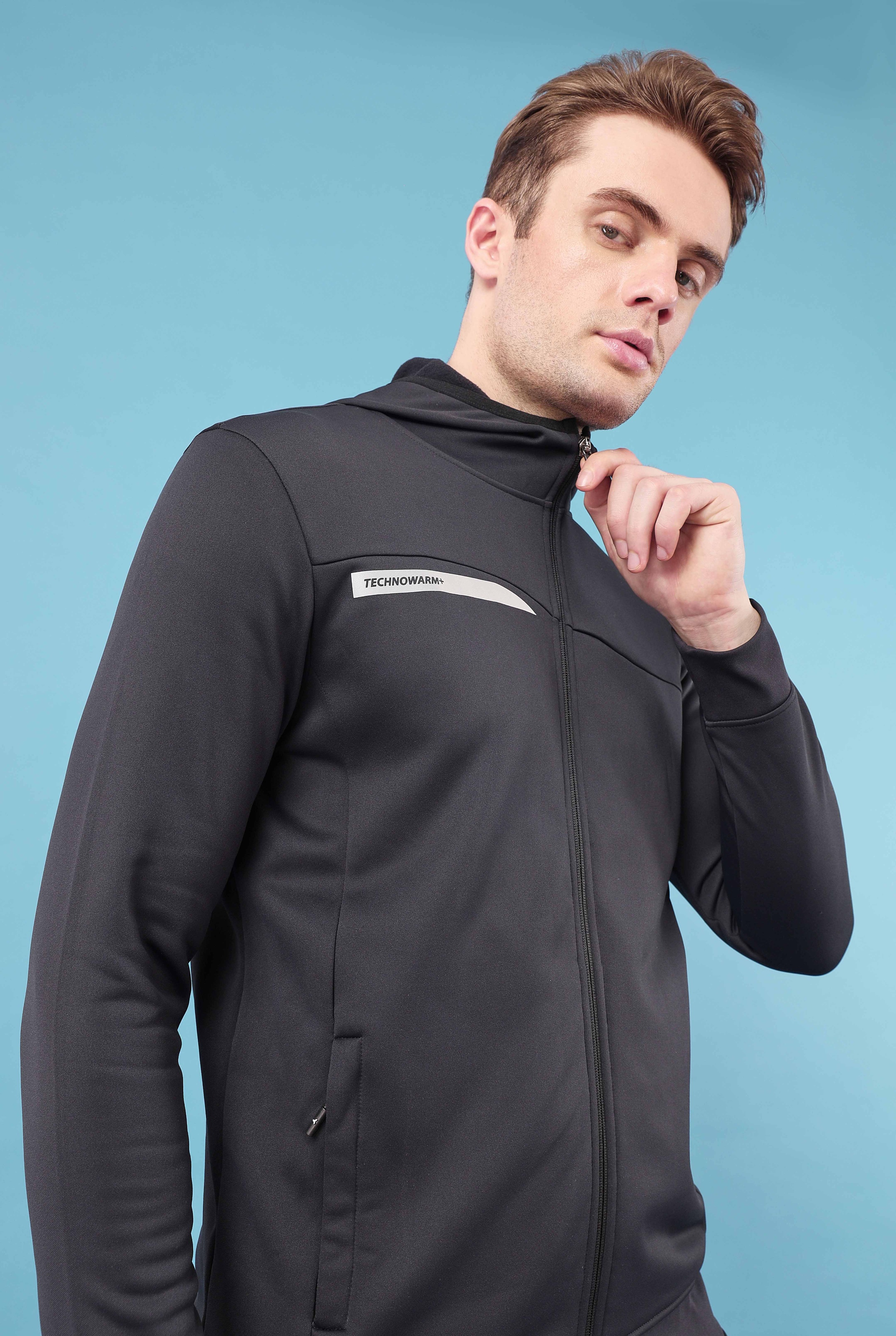 Technosport Men Black Solid Hi-Neck Long Sleeves Slim-Fit Hooded Jacket (2)