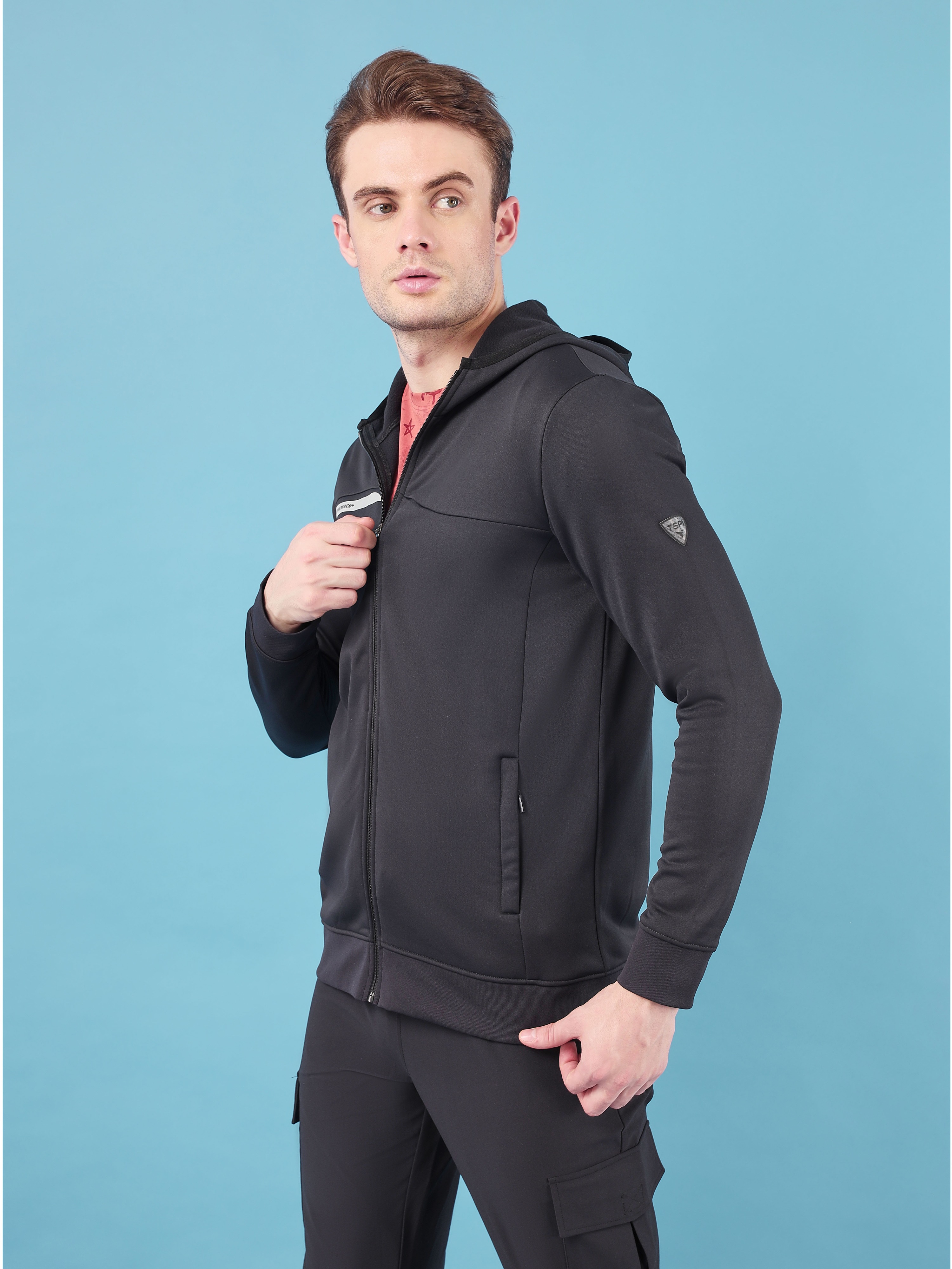 Technosport Men Black Solid Hi-Neck Long Sleeves Slim-Fit Hooded Jacket (4)