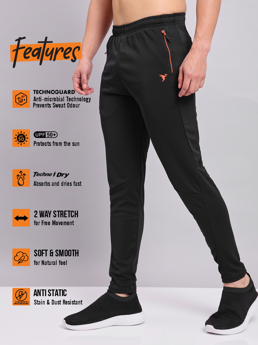 Technosport Men Black Solid Mid-Rise Slim Fit Polyester Training Track Pants (6)