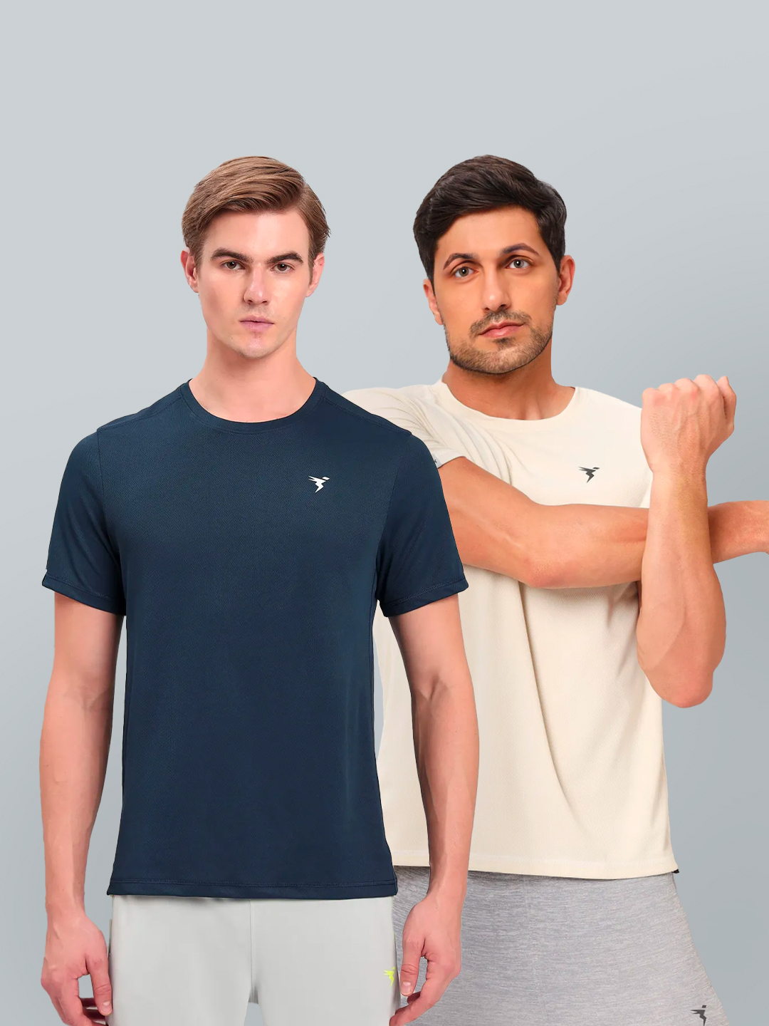 Technosport Men Blue and Off White Solid Half Sleeves Round Neck Polyester T-Shirt (Pack of 2)