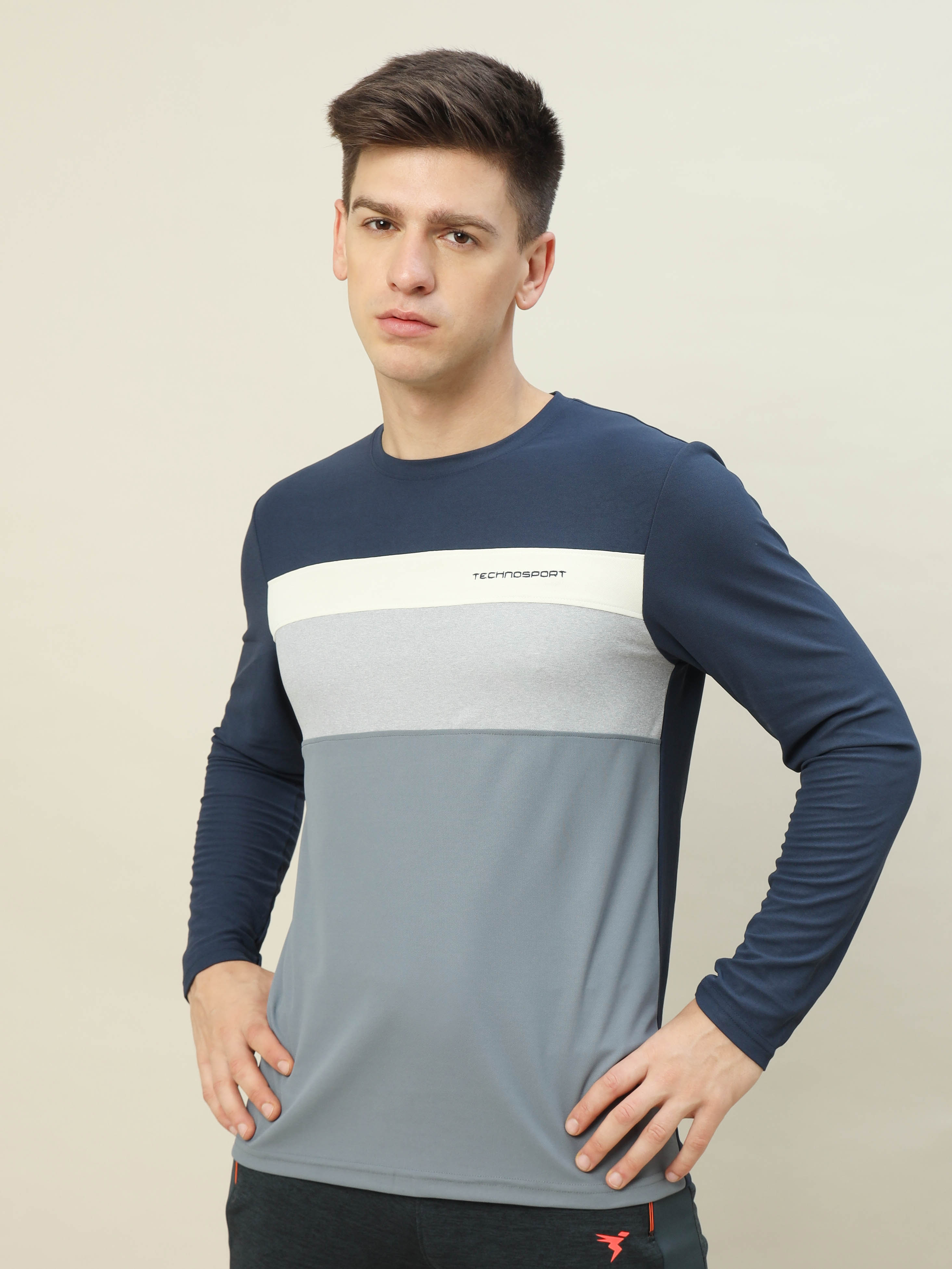 Technosport Men Blue & Grey Colourblocked Full Sleeves Round Neck Polyester T-Shirt (1)