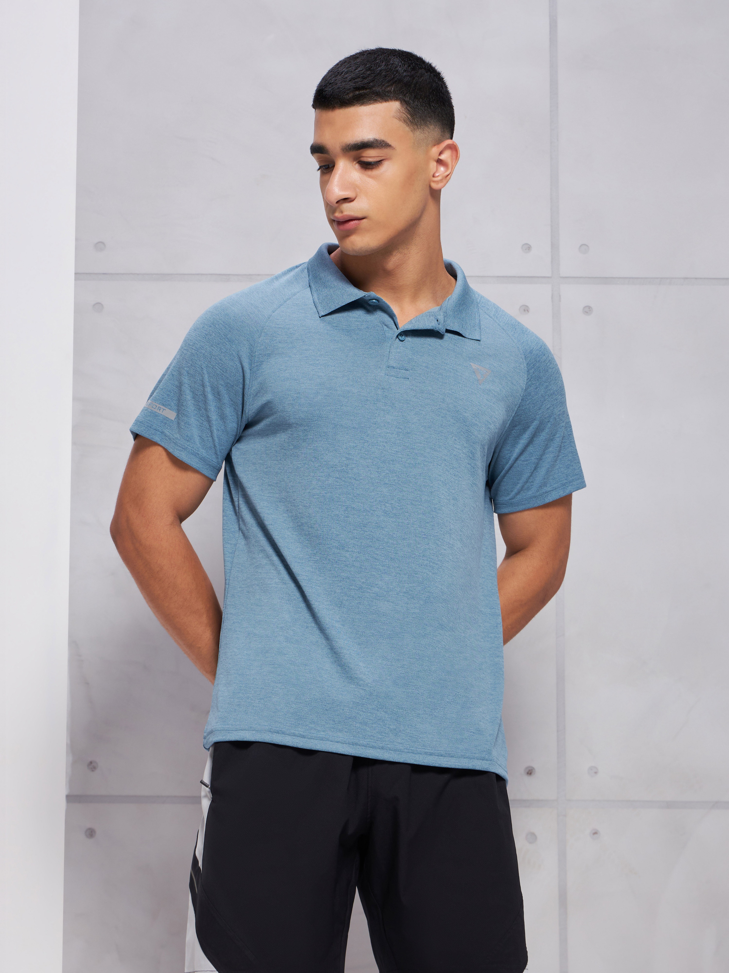 Men Blue Polo Collar Half Sleeves Polyester Slim Fit T-Shirt