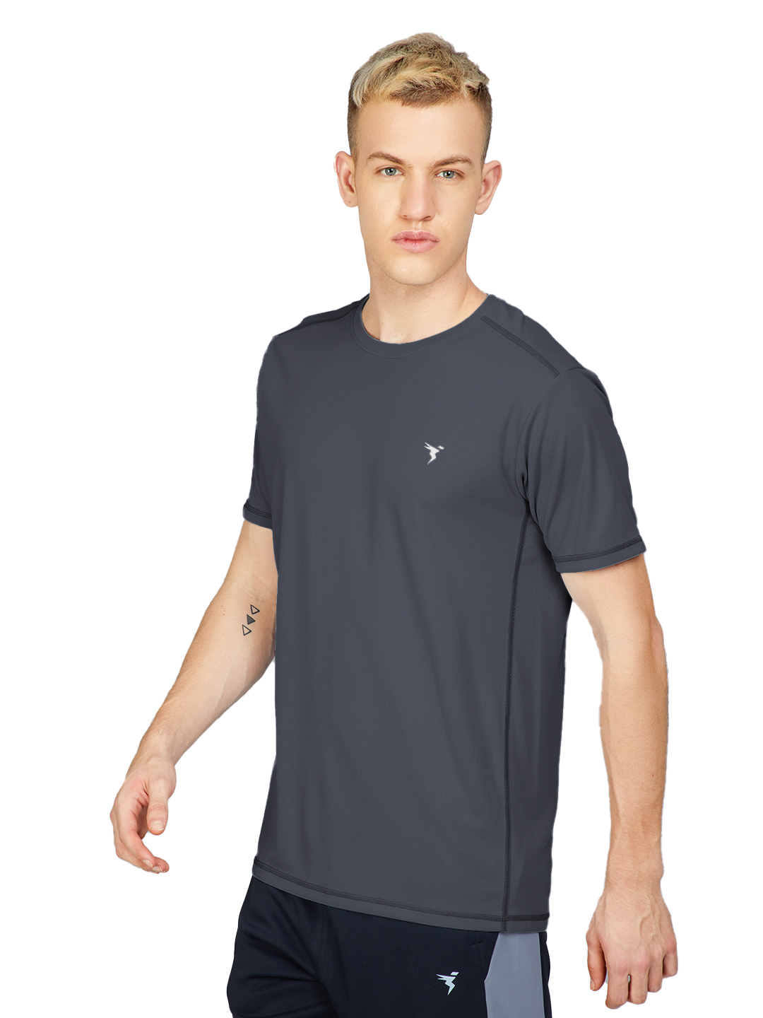 Technosport Men Carbon Grey Knitted active odour-free Crewneck Half Sleeve Solid T-Shirt (1)
