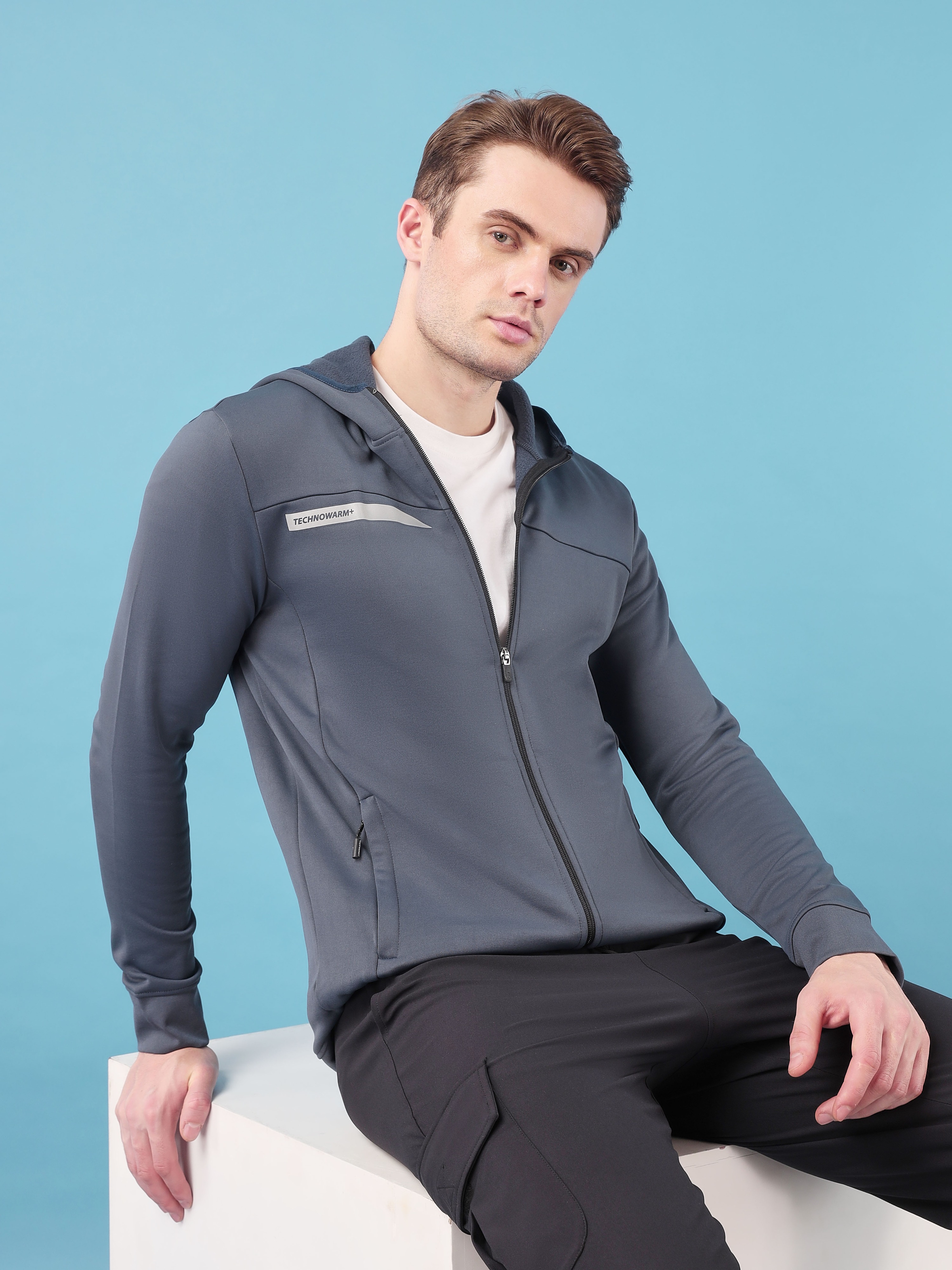 Technosport Men Carbon Grey Solid Hi-Neck Long Sleeves Slim-Fit Hooded Jacket (1)