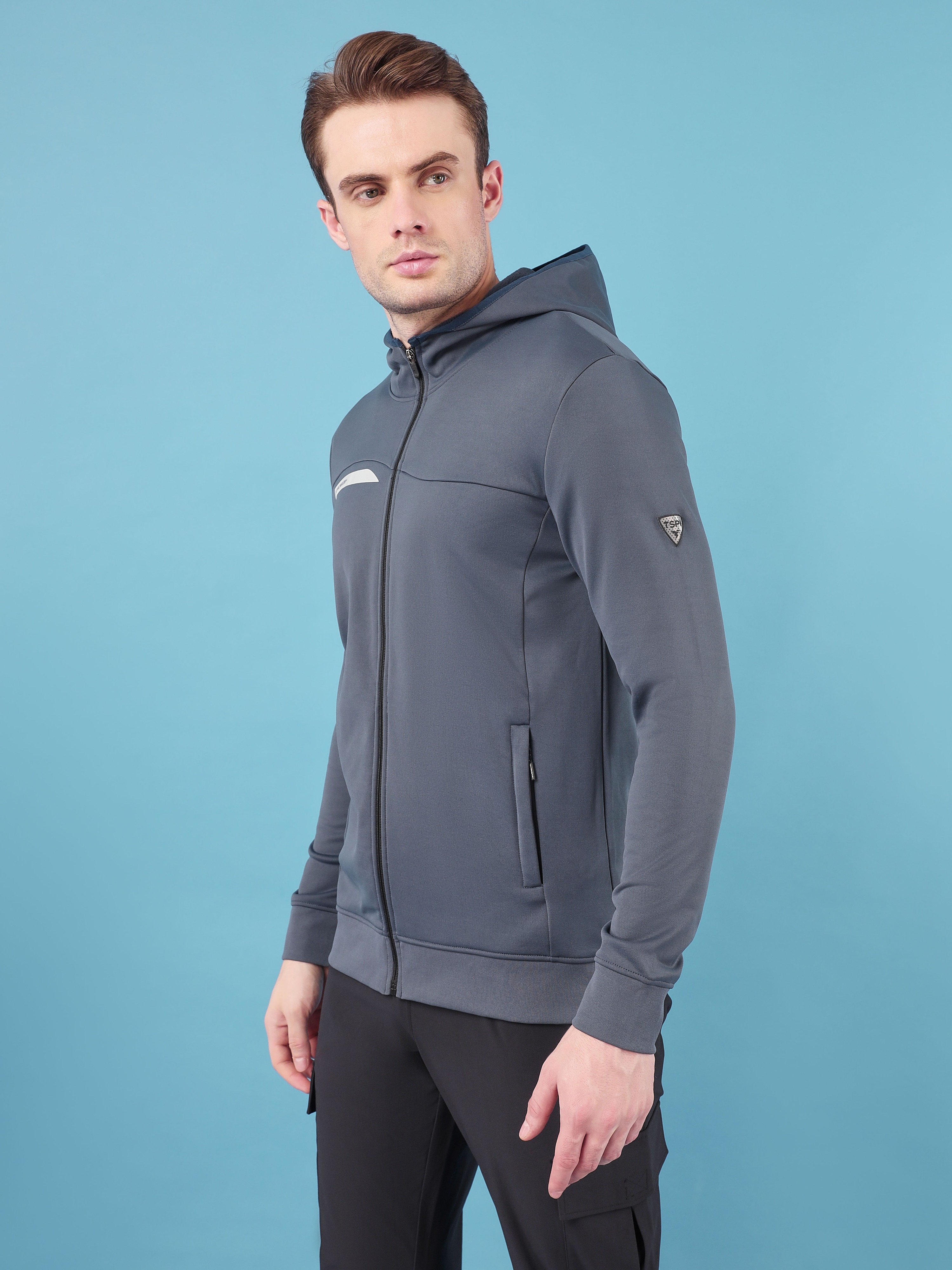 Technosport Men Carbon Grey Solid Hi-Neck Long Sleeves Slim-Fit Hooded Jacket (3)
