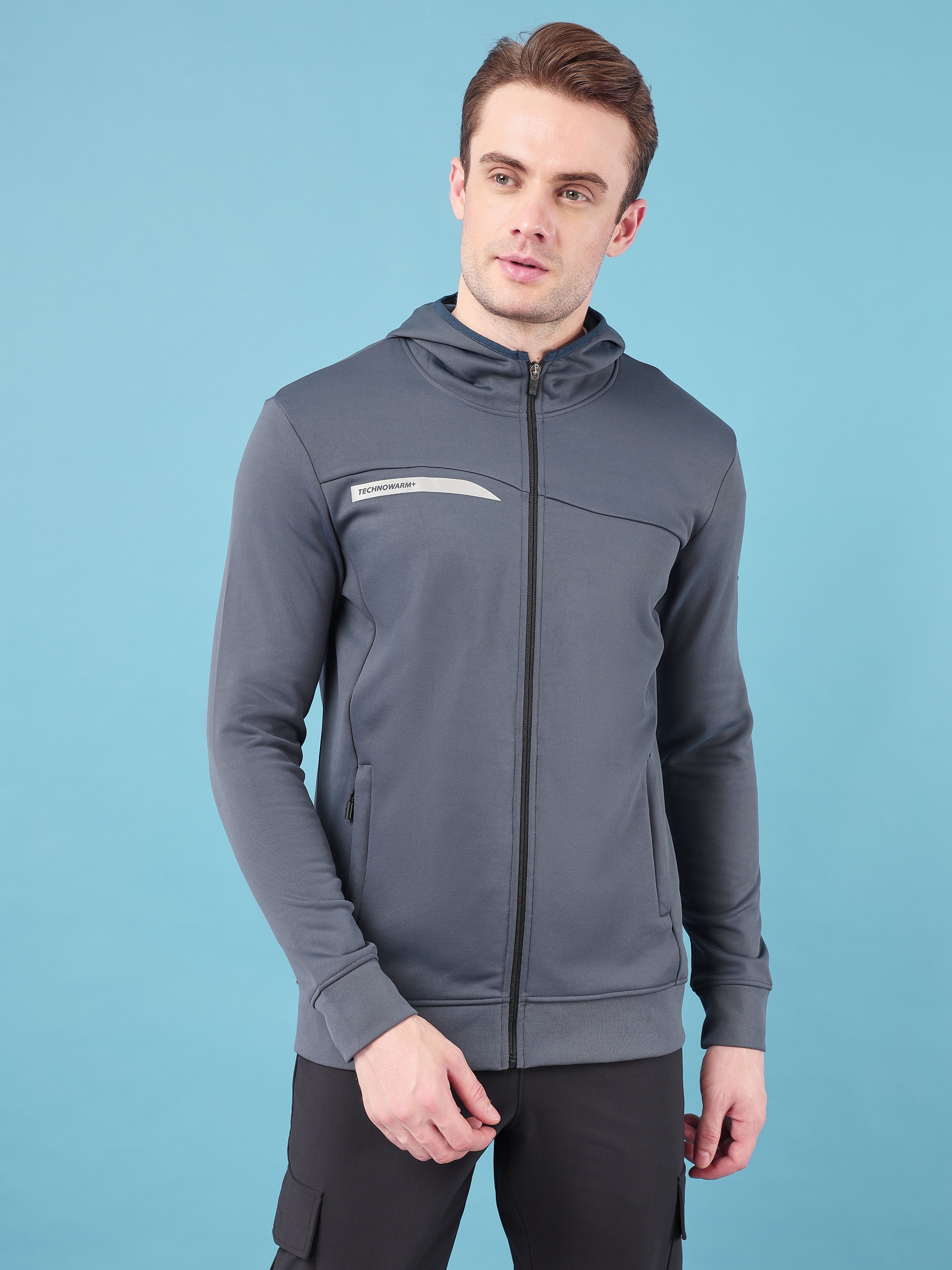 Technosport Men Carbon Grey Solid Hi-Neck Long Sleeves Slim-Fit Hooded Jacket (4)