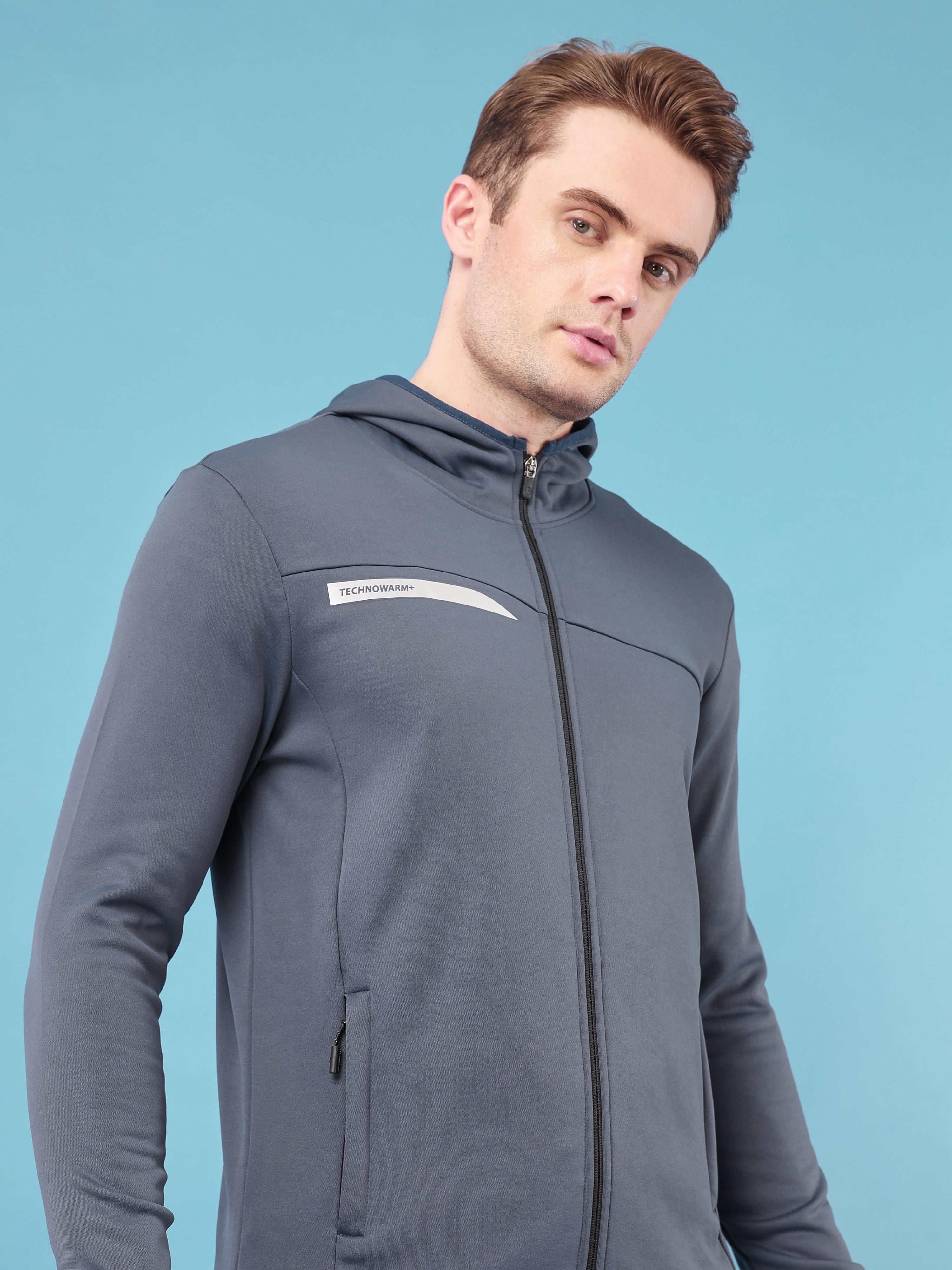 Technosport Men Carbon Grey Solid Hi-Neck Long Sleeves Slim-Fit Hooded Jacket (5)