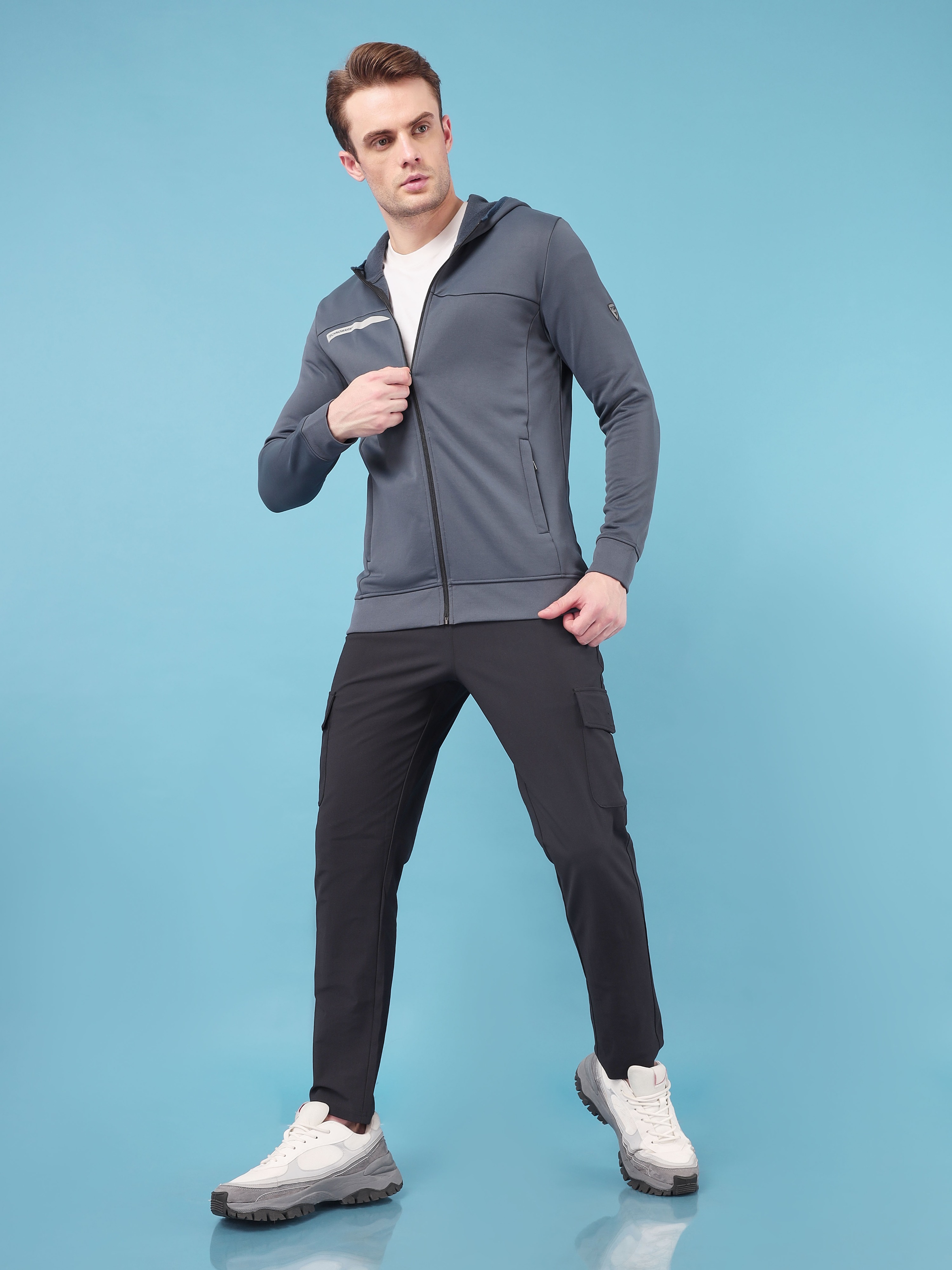 Technosport Men Carbon Grey Solid Hi-Neck Long Sleeves Slim-Fit Hooded Jacket (6)