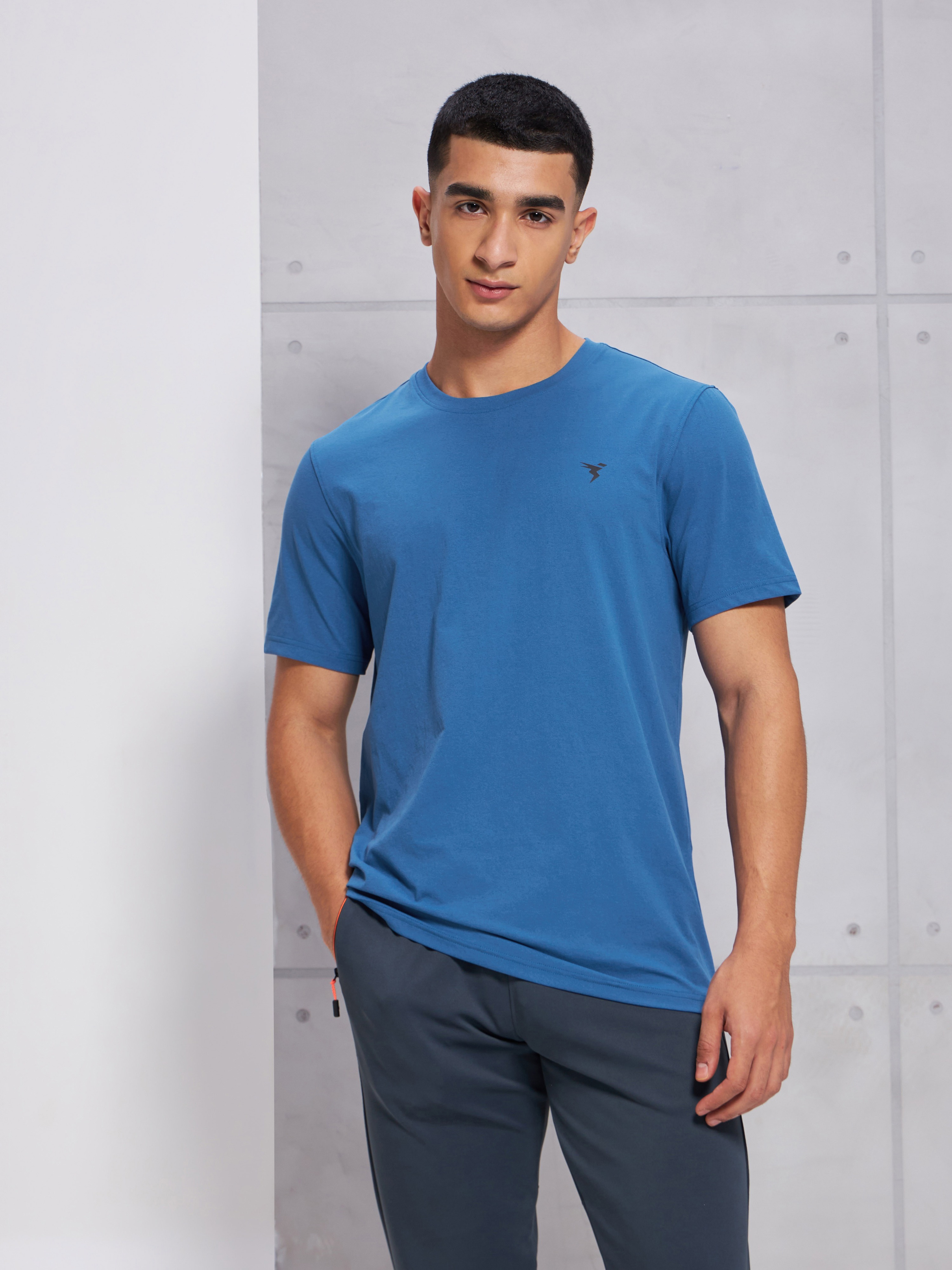 Men Crew Neck Half Sleeve Round Neck Polyester Cotflex Blue T-Shirt