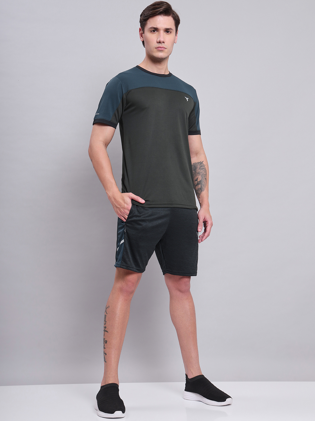 Technosport Men Dark Carbon Melange Slim Fit Antimicrobial Training or Gym Sports Shorts (6)