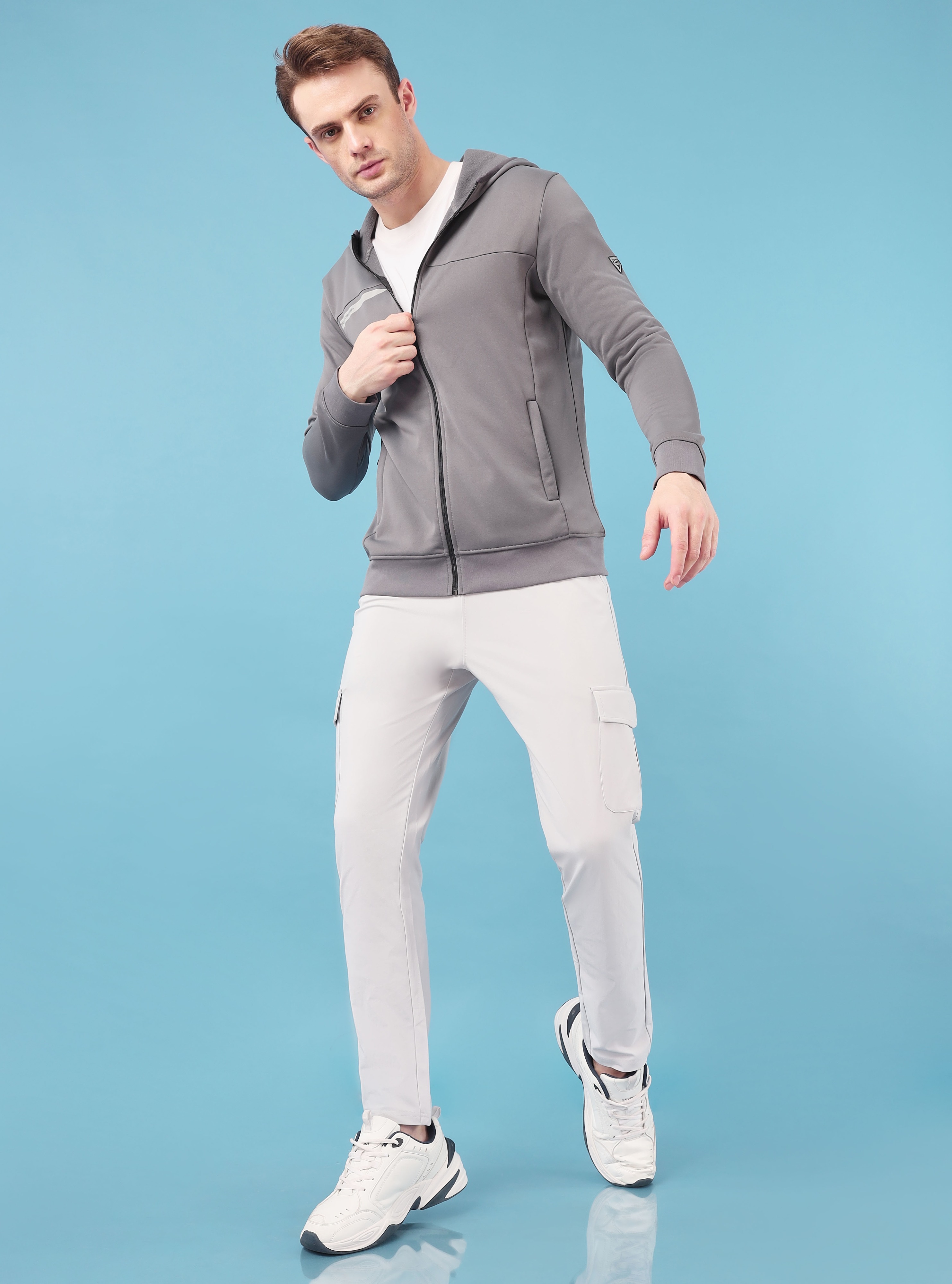 Technosport Men Iron Grey Solid Hi-Neck Long Sleeves Slim-Fit Hooded Jacket (1)