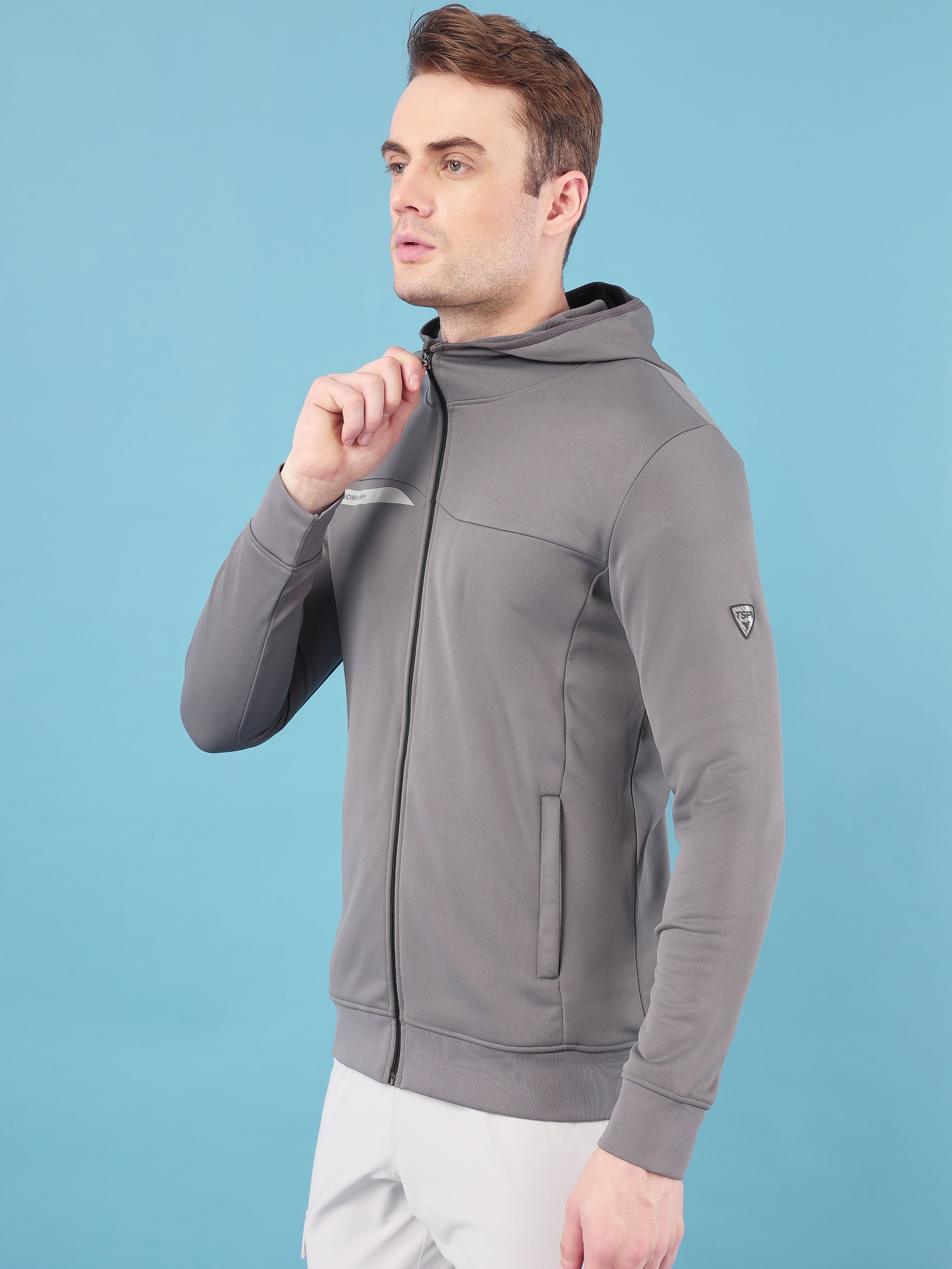 Technosport Men Iron Grey Solid Hi-Neck Long Sleeves Slim-Fit Hooded Jacket (3)