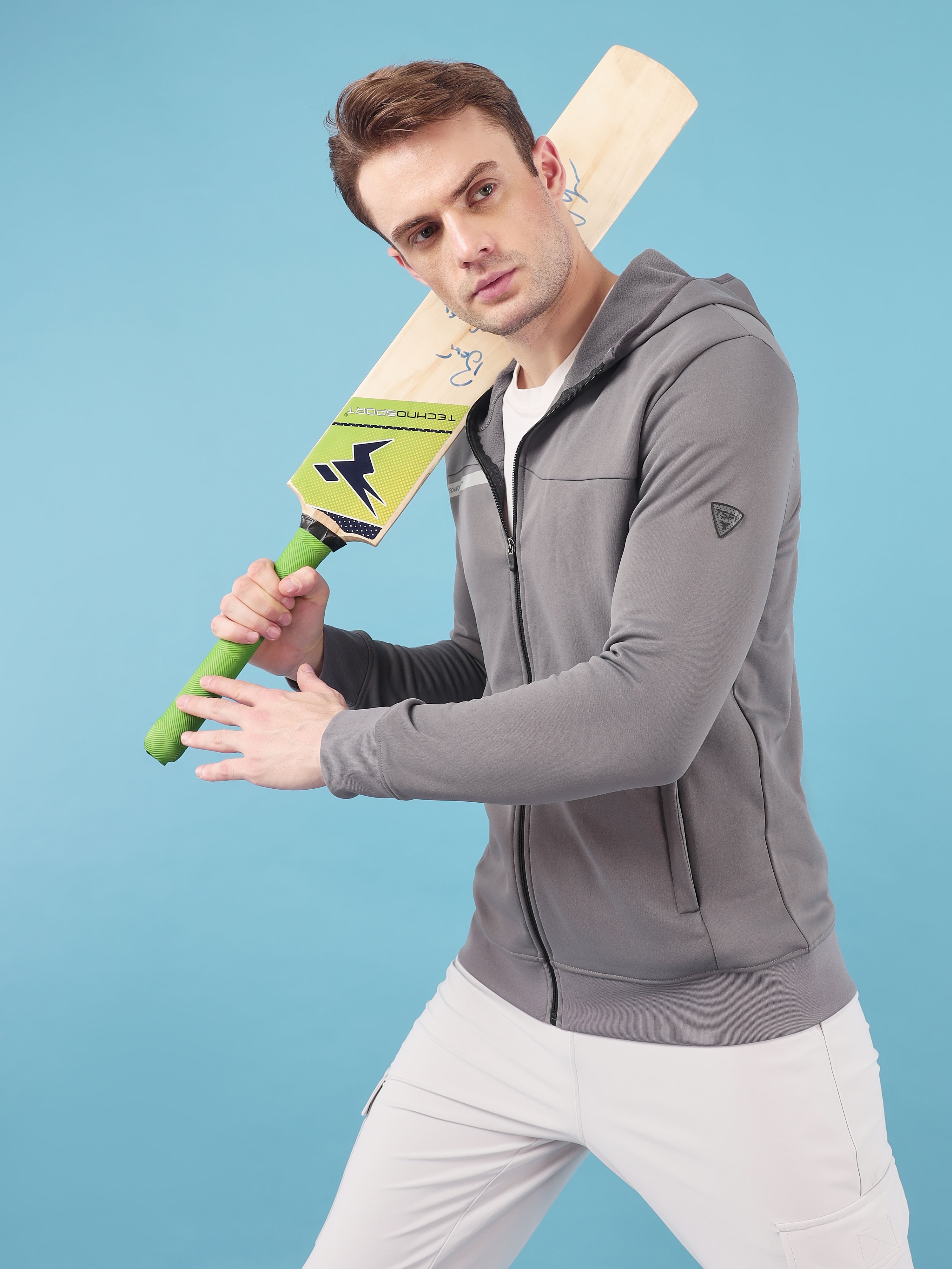 Technosport Men Iron Grey Solid Hi-Neck Long Sleeves Slim-Fit Hooded Jacket (4)