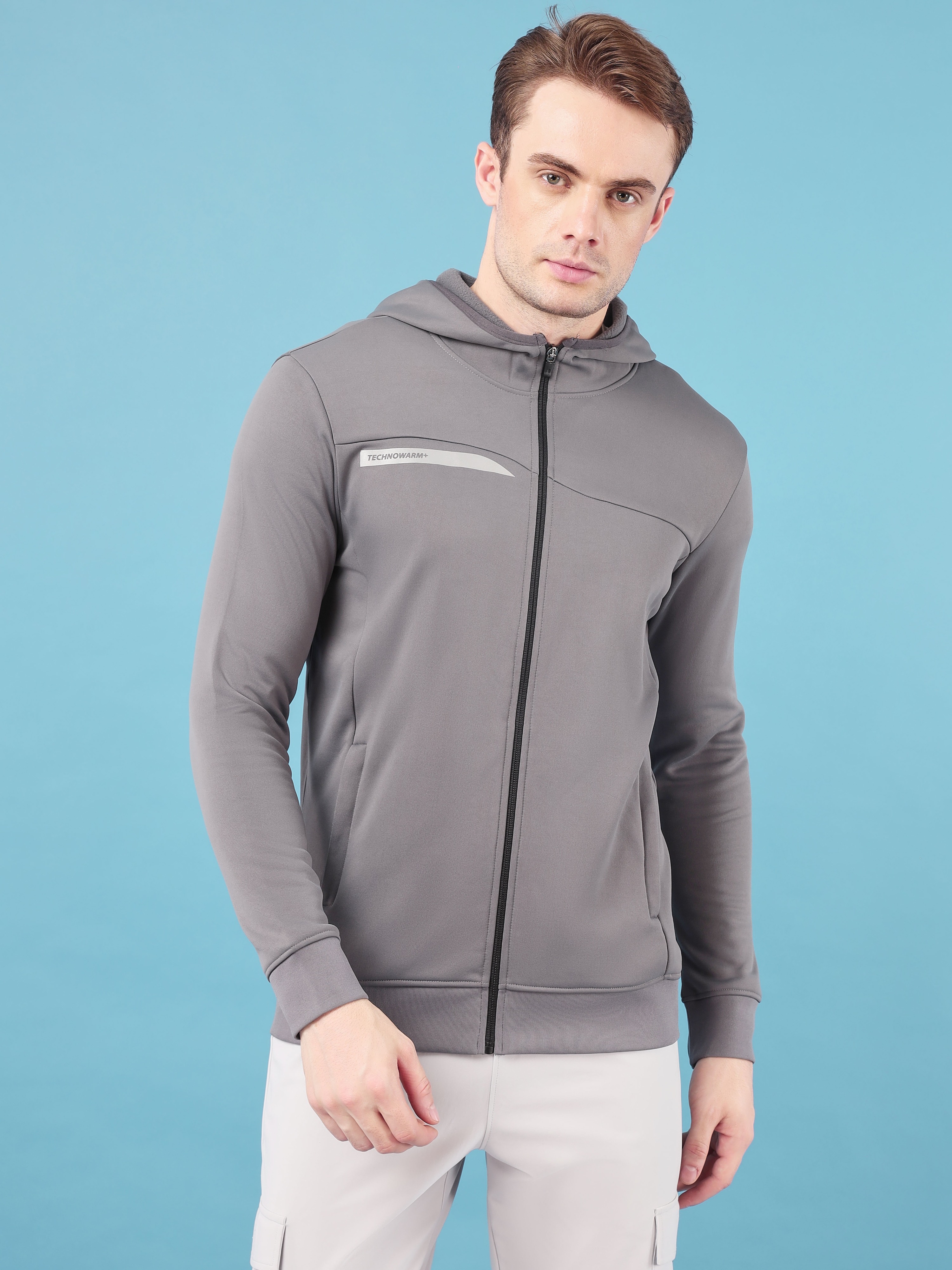 Technosport Men Iron Grey Solid Hi-Neck Long Sleeves Slim-Fit Hooded Jacket (5)