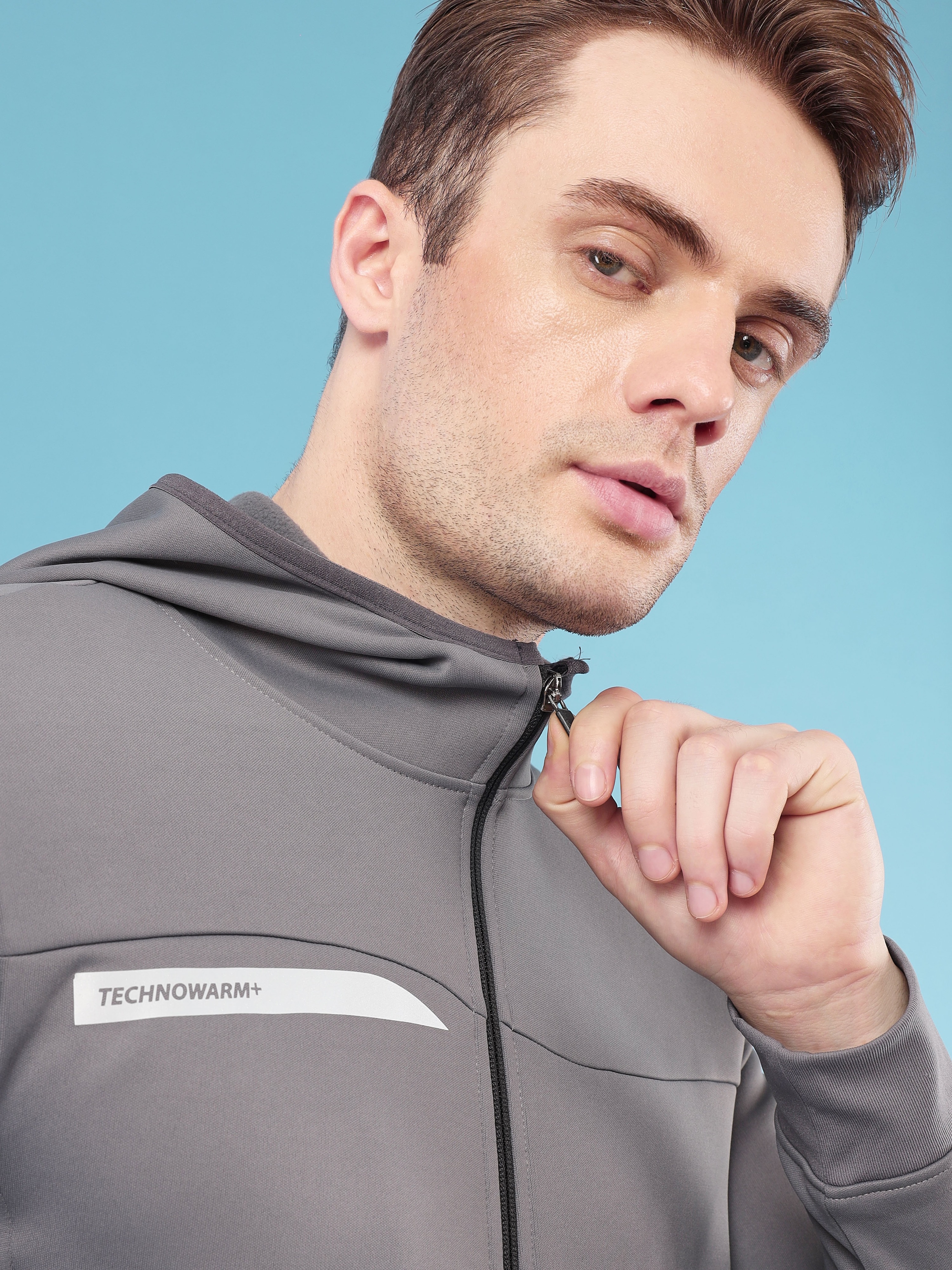 Technosport Men Iron Grey Solid Hi-Neck Long Sleeves Slim-Fit Hooded Jacket (6)