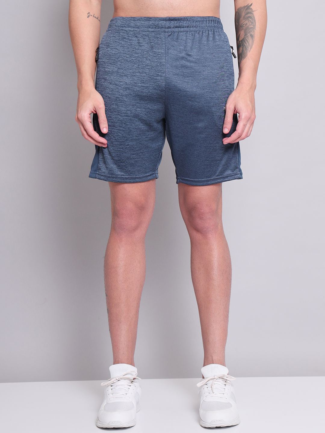 Technosport Men Light Navy Melange Self Designed Mid Rise Antimicrobial Slim Fit Sports Shorts (1)
