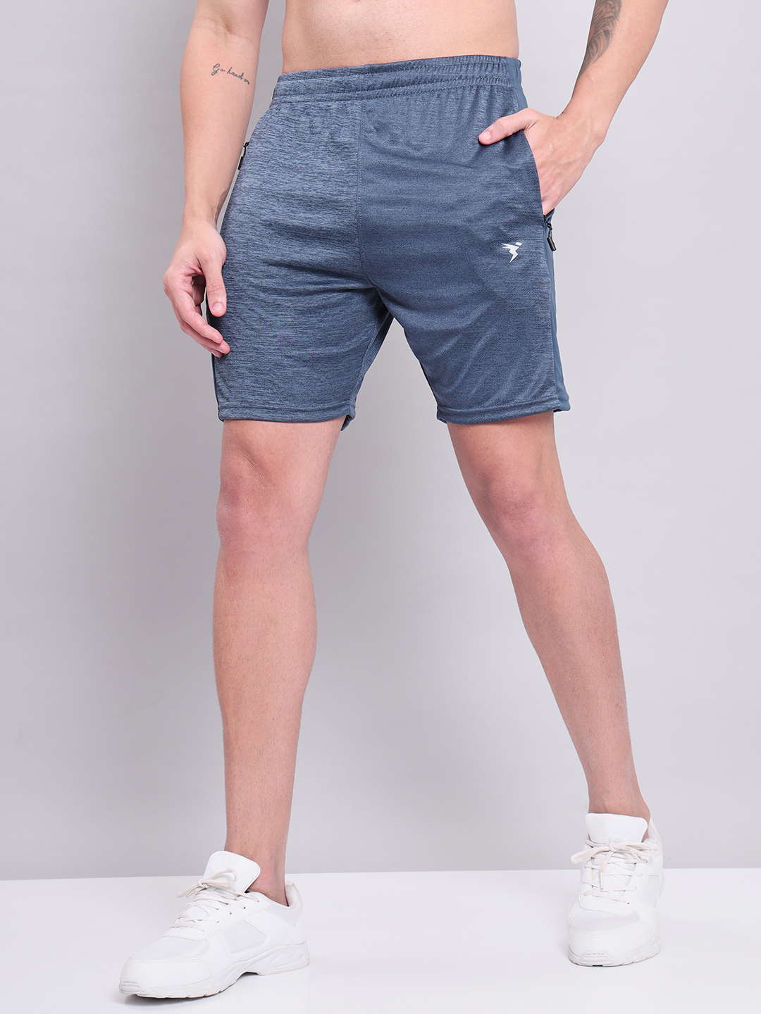Technosport Men Light Navy Melange Self Designed Mid Rise Antimicrobial Slim Fit Sports Shorts (2)