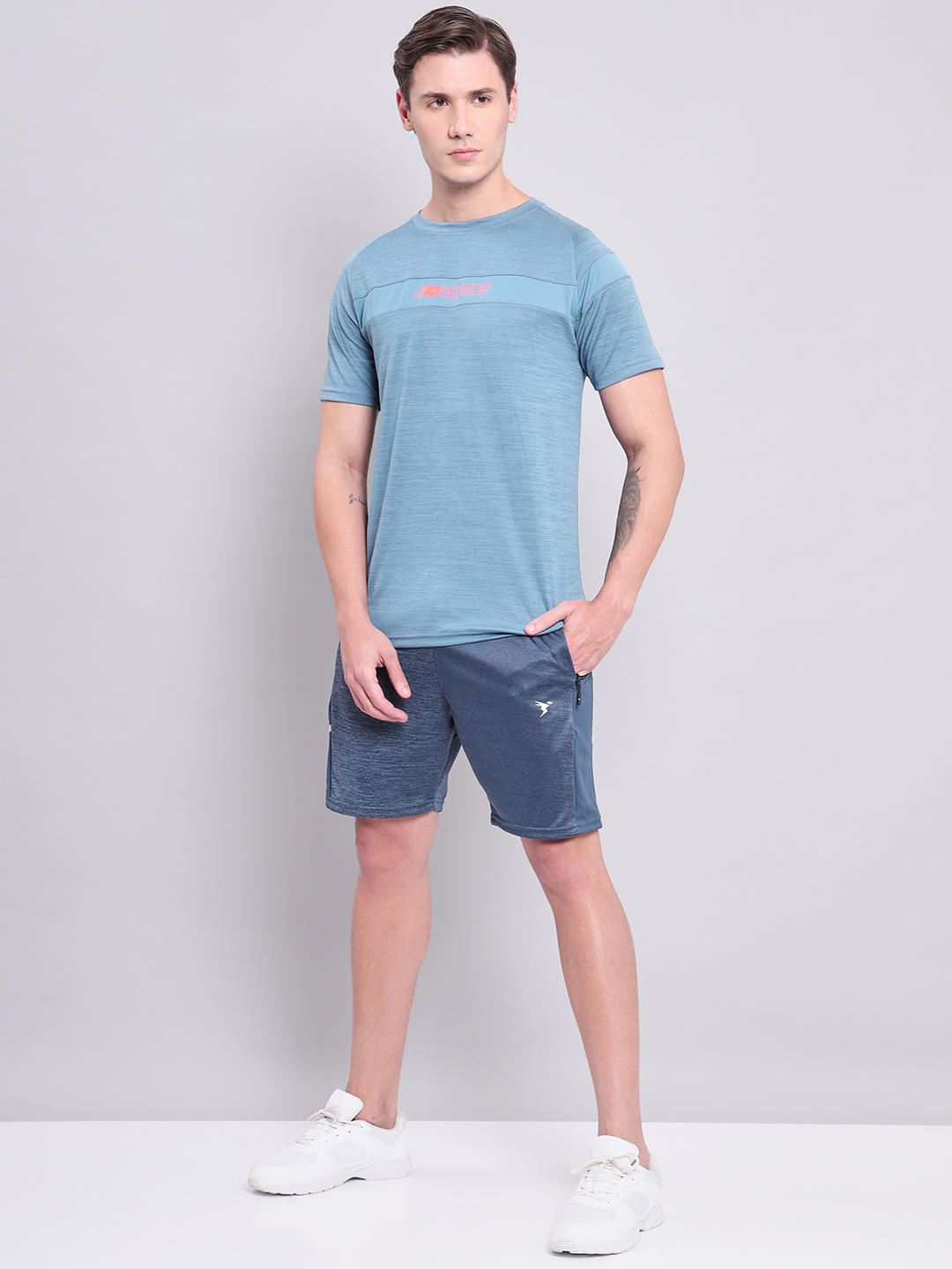 Technosport Men Light Navy Melange Self Designed Mid Rise Antimicrobial Slim Fit Sports Shorts (5)