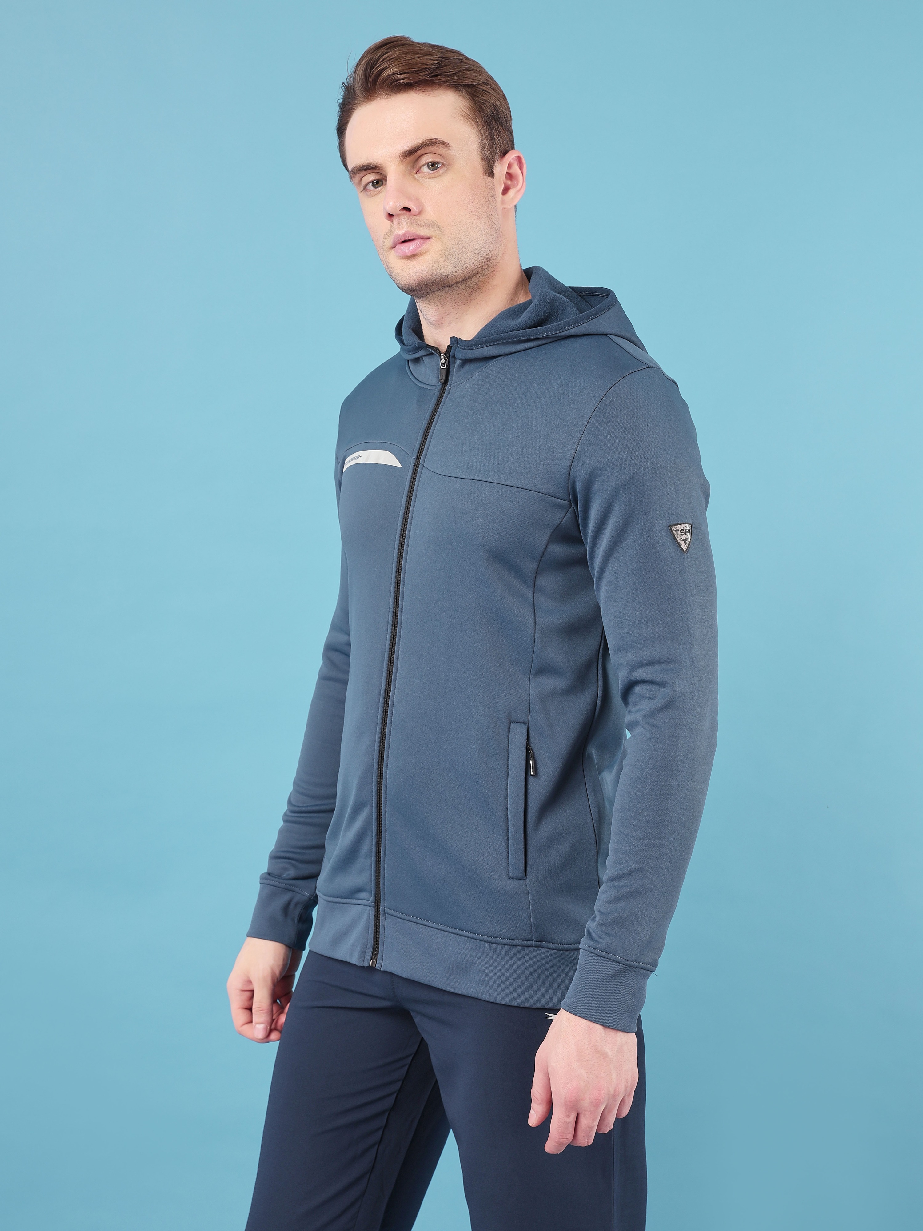 Technosport Men Light Navy Solid Hi-Neck Long Sleeves Slim-Fit Hooded Jacket (1)